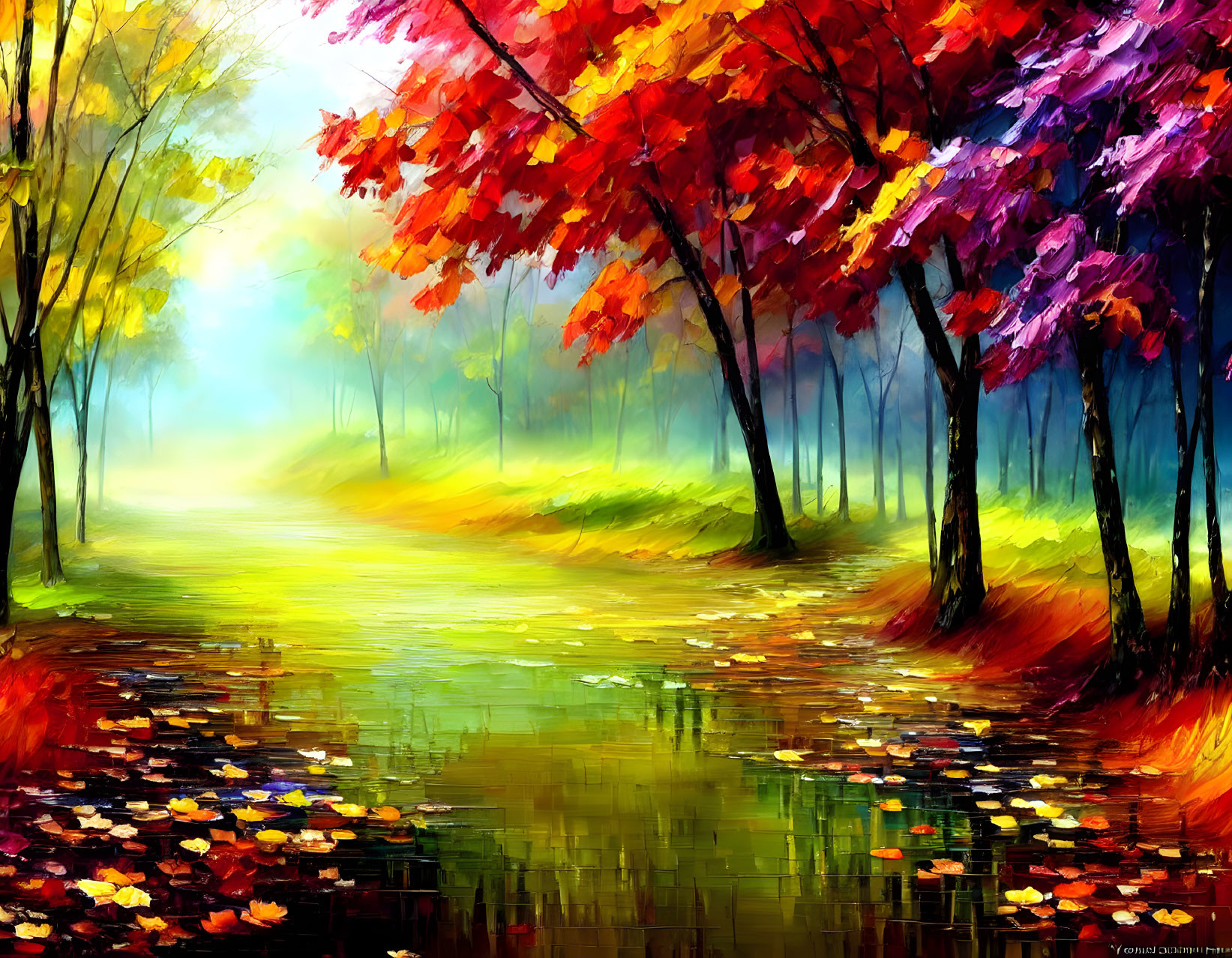 Colorful Autumn Forest Digital Painting with Reflective Water