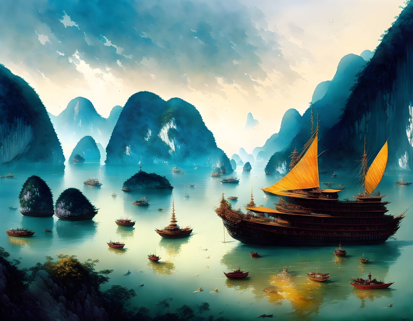 Traditional Chinese junk sailing in misty river landscape.