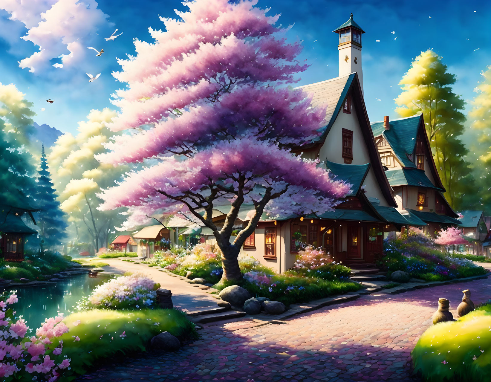 Scenic village with pink trees, houses, lighthouse, sky, birds, pond