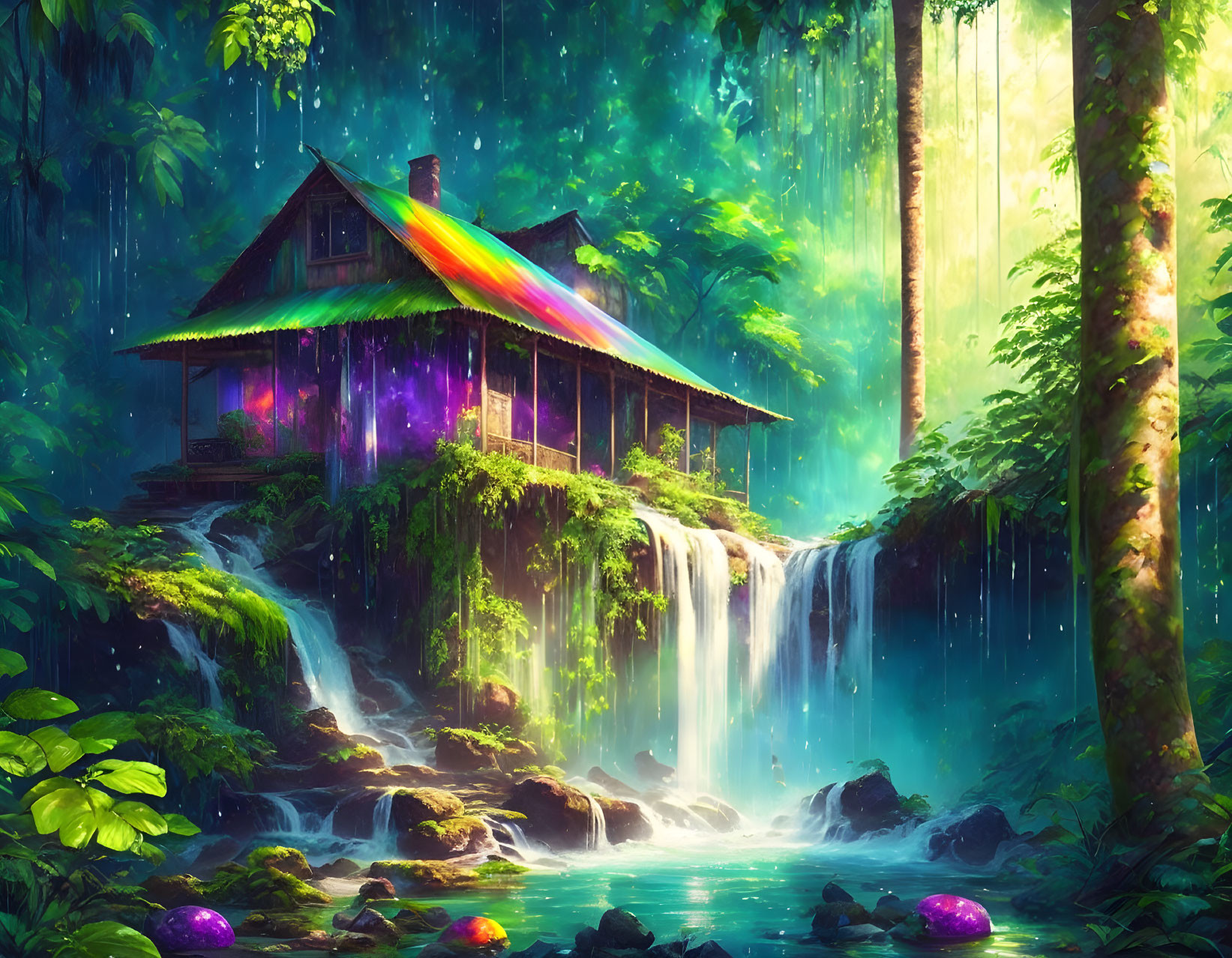 Enchanting house on waterfall with forest, lights, and rainbow