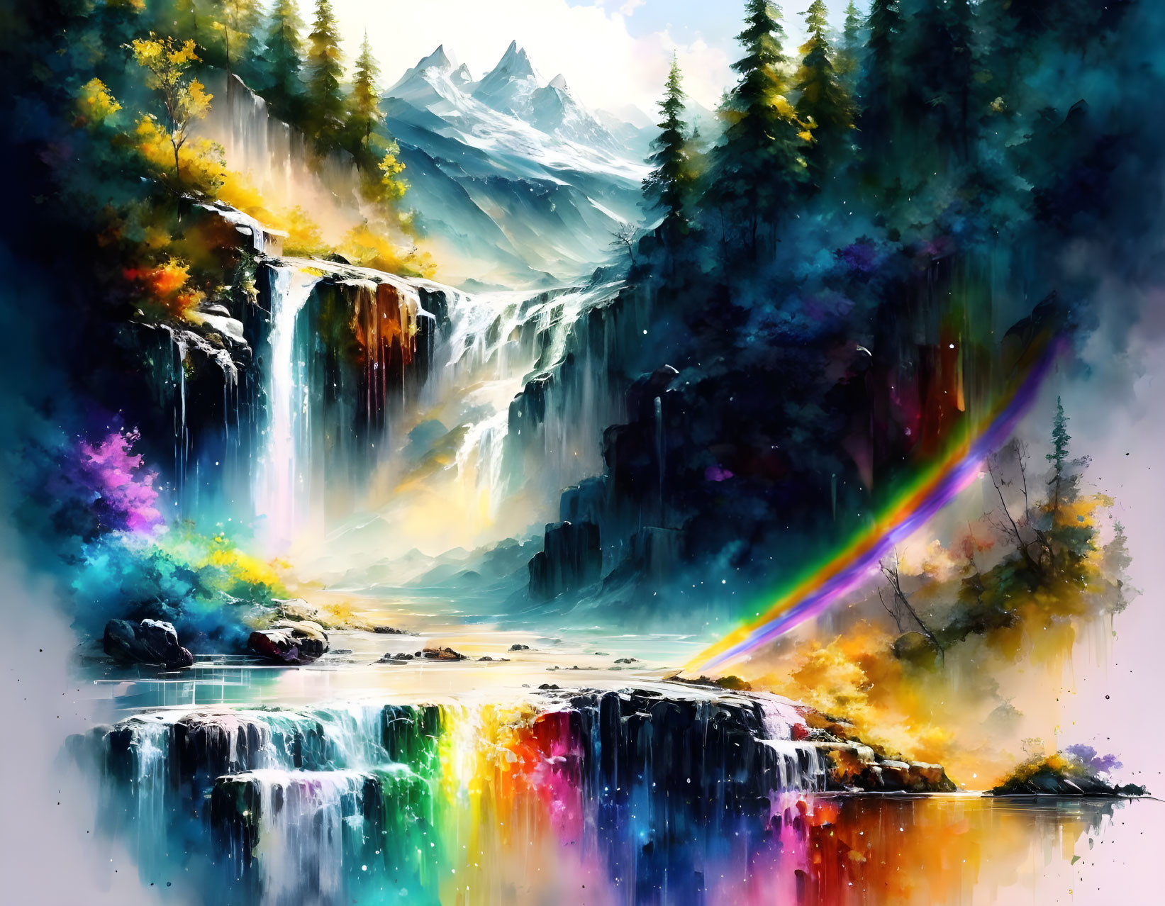 Colorful forest waterfall painting with rainbow and mountains