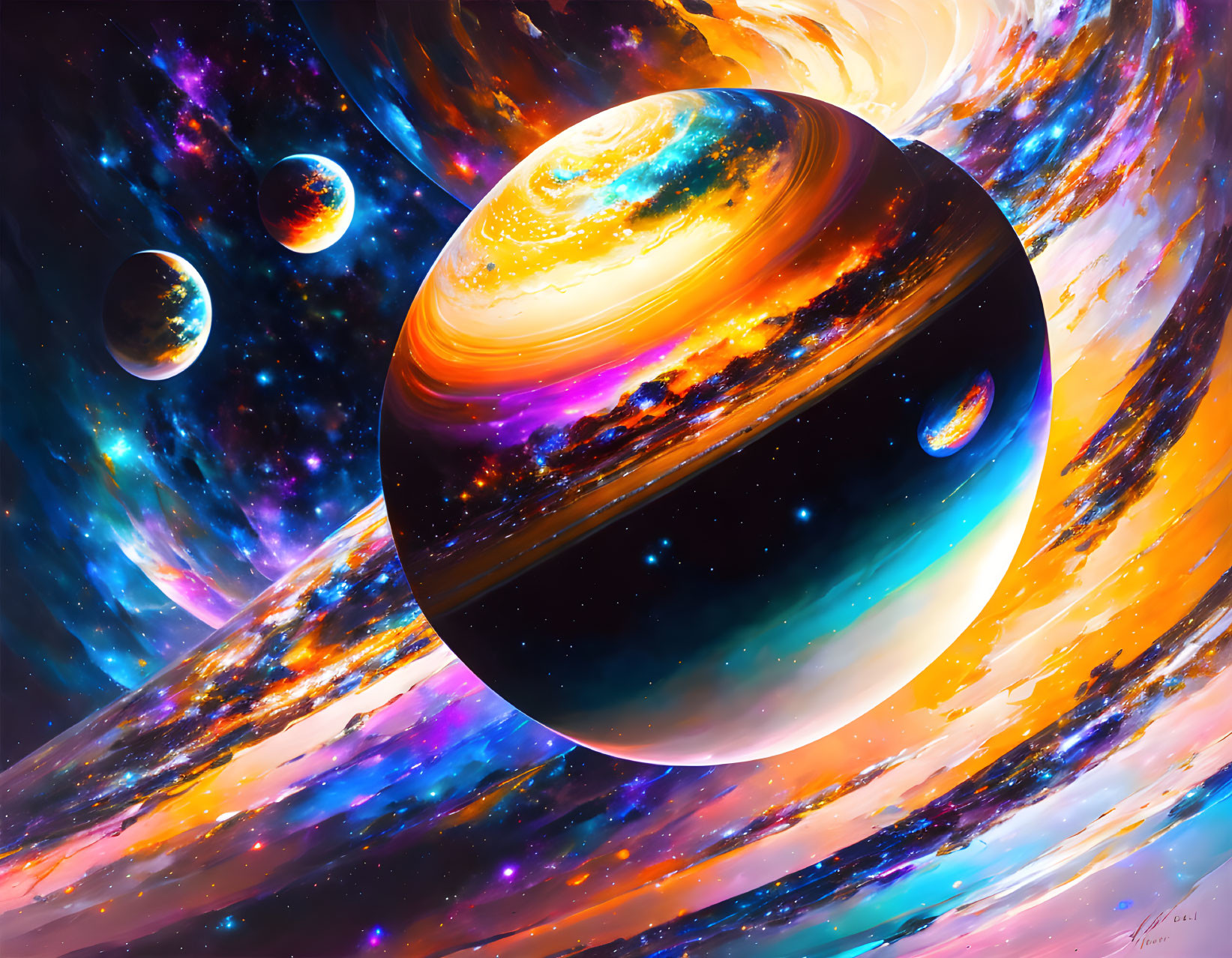 Colorful Space Scene with Large and Small Planets in Vibrant Nebula