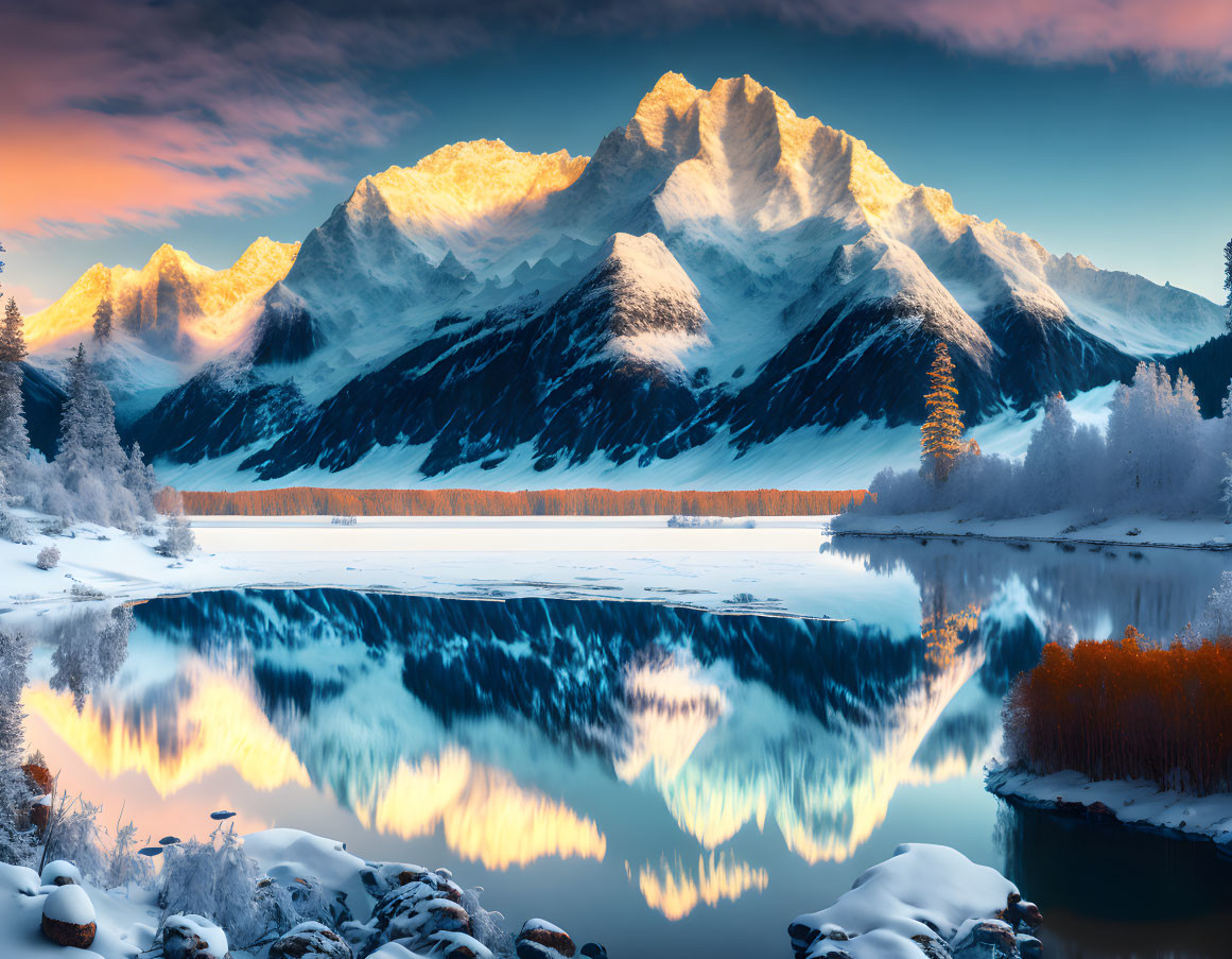 Snow-capped mountain range reflected in serene lake at sunrise with autumn trees and frost-covered shoreline