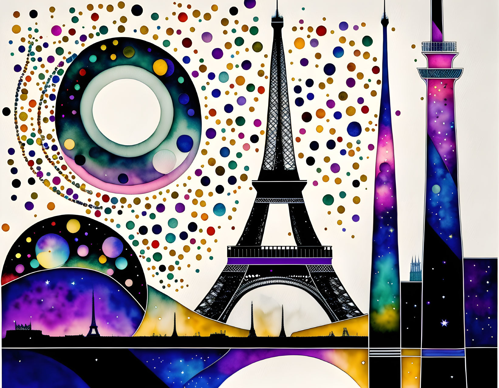 Colorful artwork of Eiffel Tower & towers with cosmic circles on white background