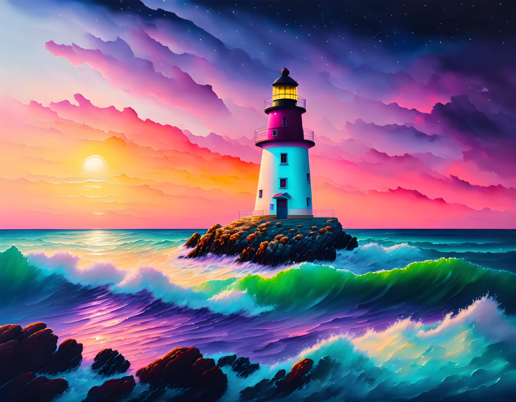 Colorful Sunset Sky with Lighthouse on Rocky Coast