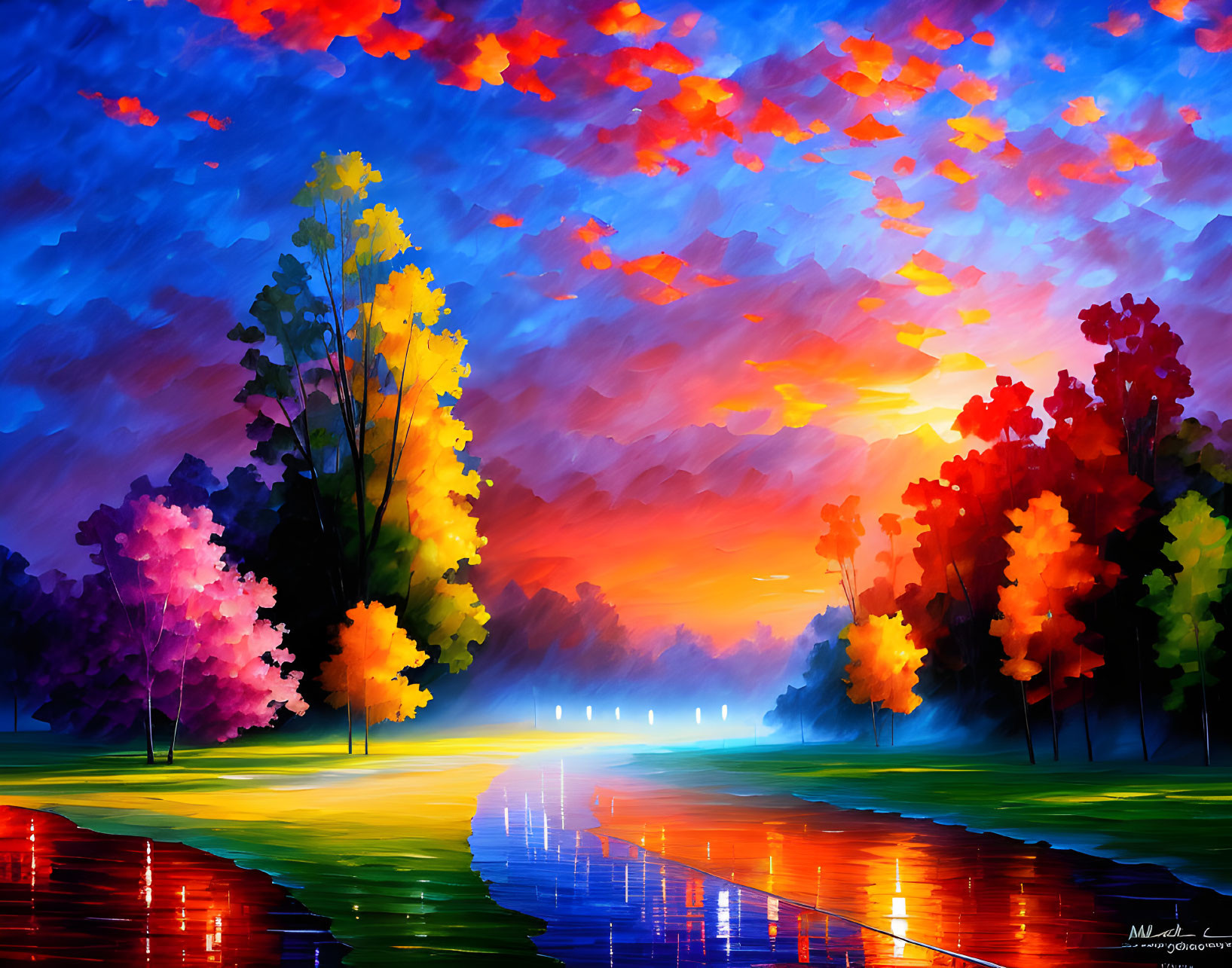 Vivid sunset digital art with colorful sky and trees