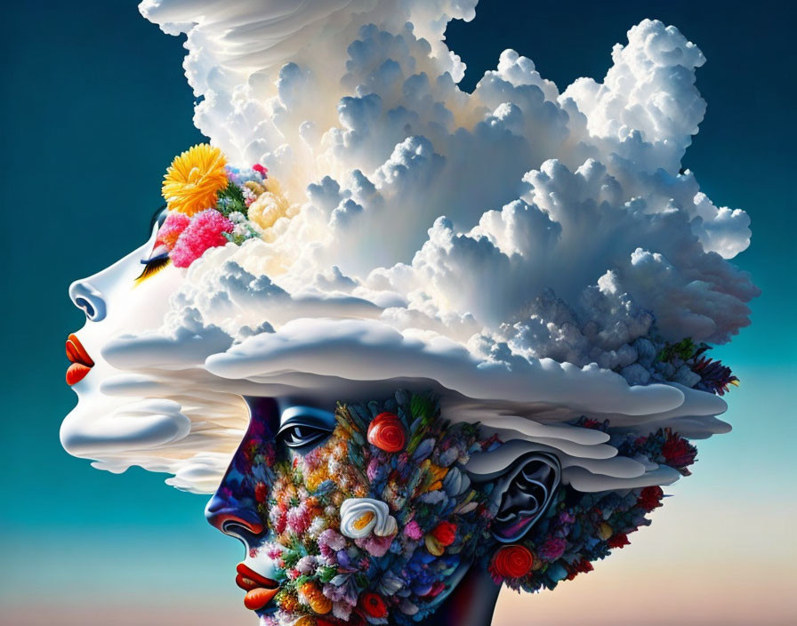 Profile-view surreal artwork: Faces with cloud-like hair and colorful flowers merging into sky