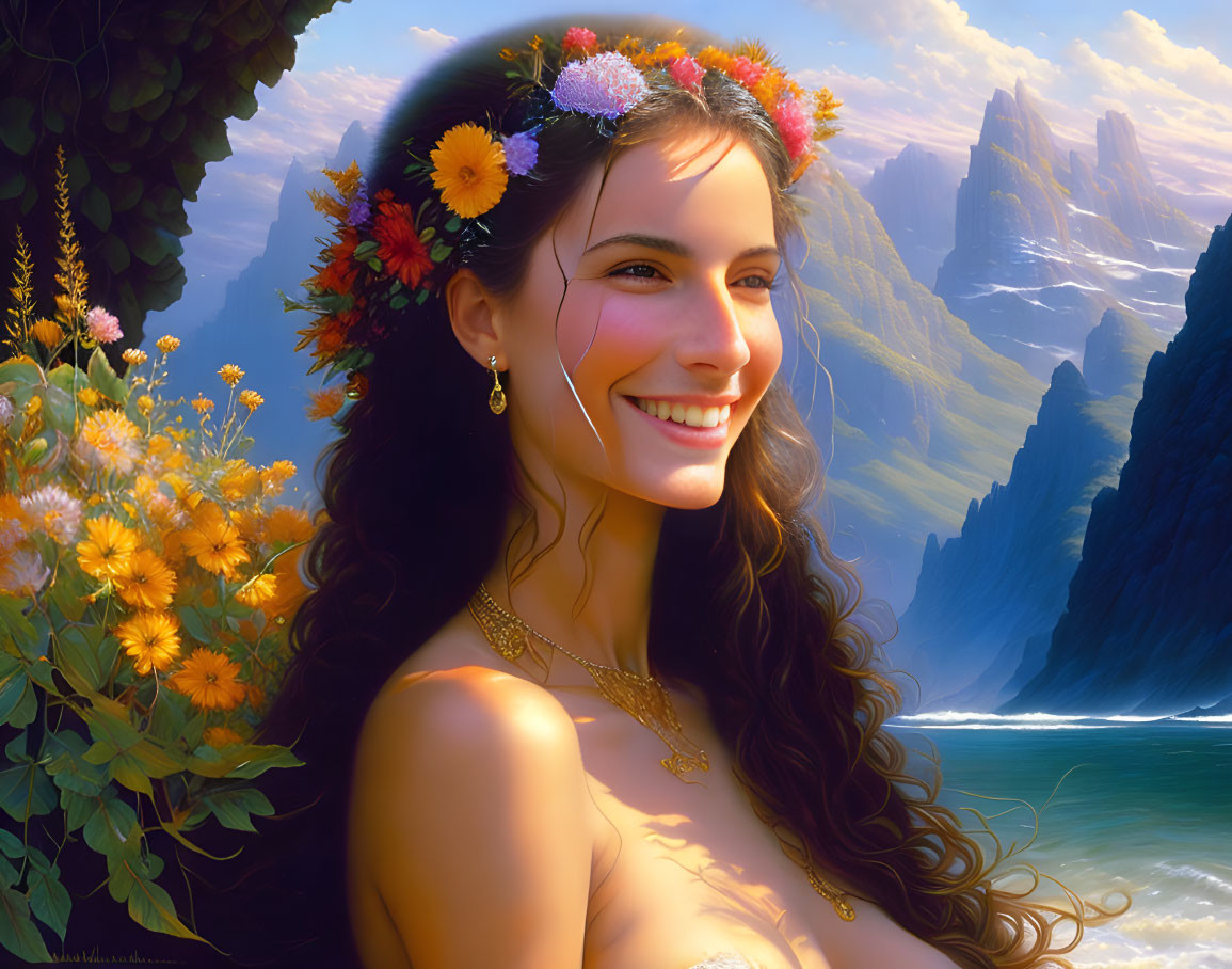 Smiling woman with floral crown and jewelry in scenic nature setting