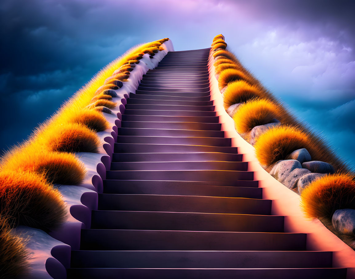 Purple Staircase Ascending to Dramatic Sky with Glowing Grass and Rocks