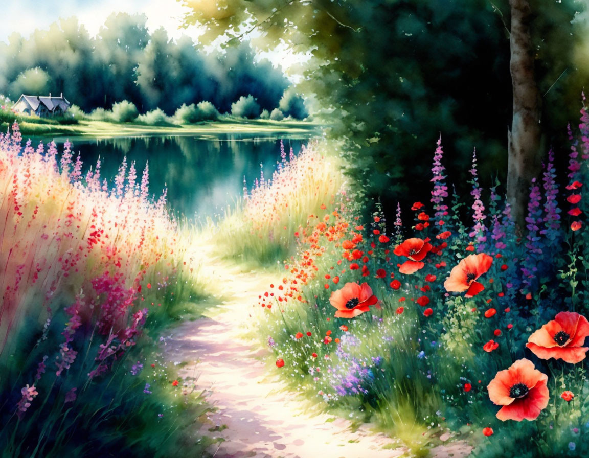 Tranquil nature scene with vibrant path, colorful flowers, serene lake, and distant cottage.