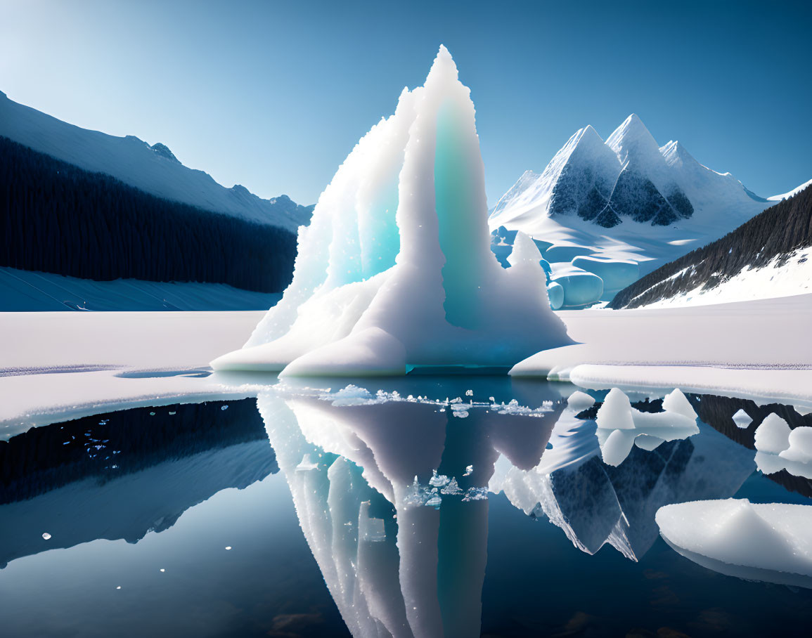 Tranquil lake scene with iceberg and snowy mountains