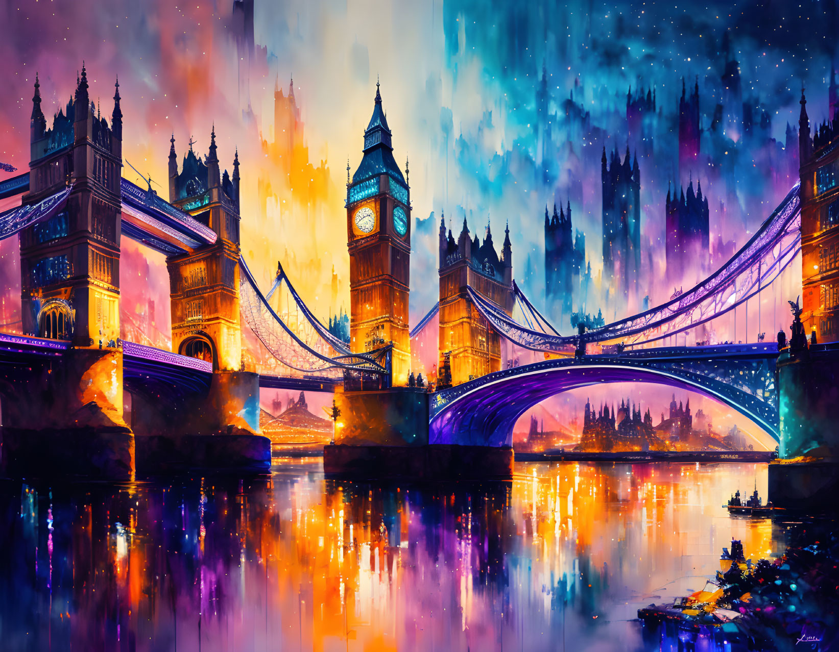 Colorful artwork: Tower Bridge and Big Ben at dusk