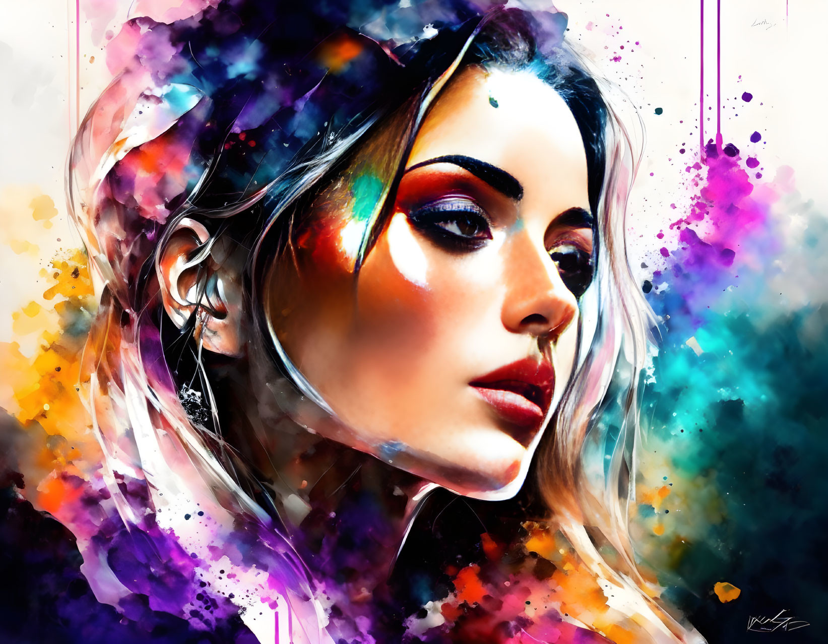 Colorful digital painting of a woman with vibrant makeup and dynamic splashes.