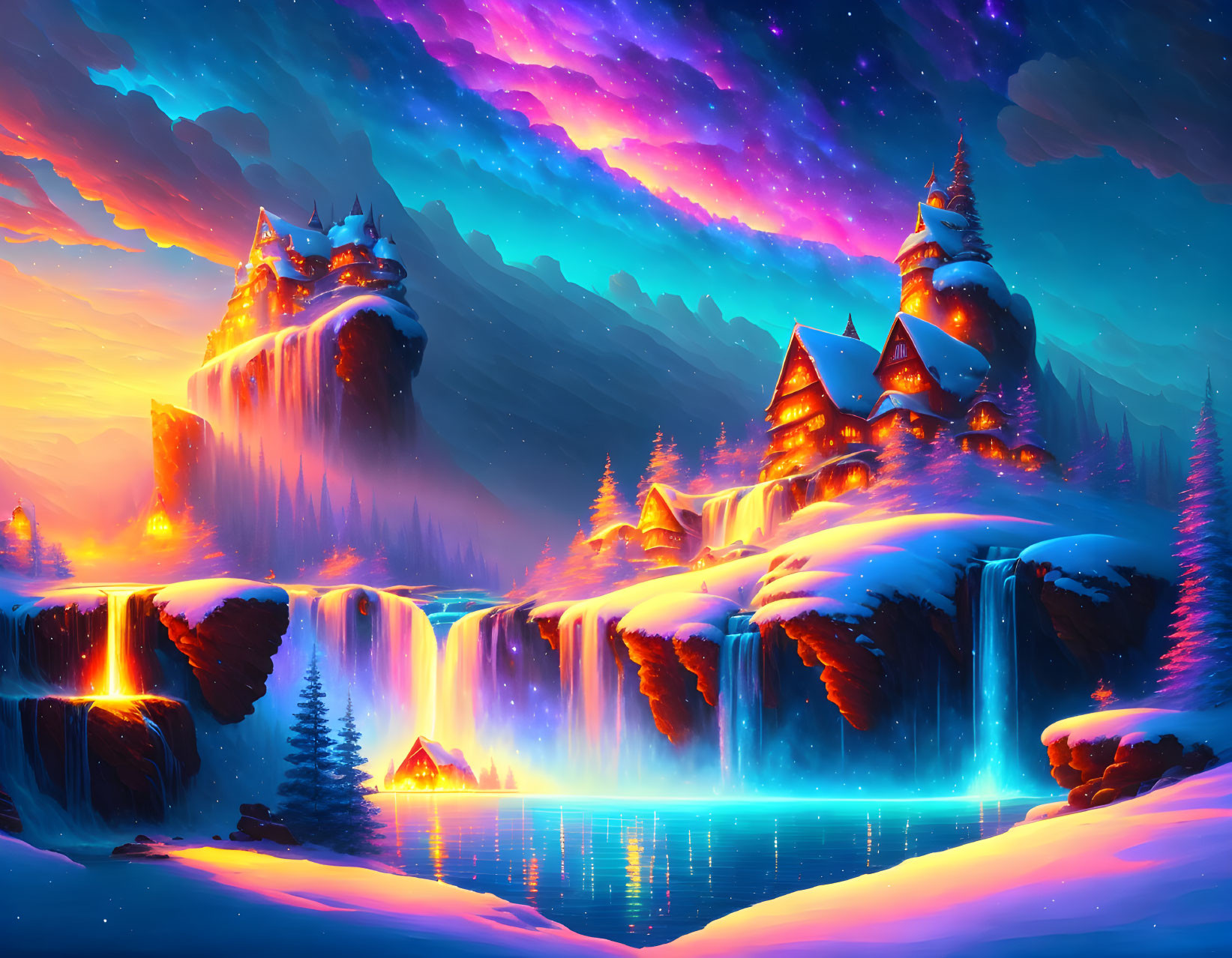 Fantasy landscape with castle, waterfall, snow-covered pine trees, and starry sky