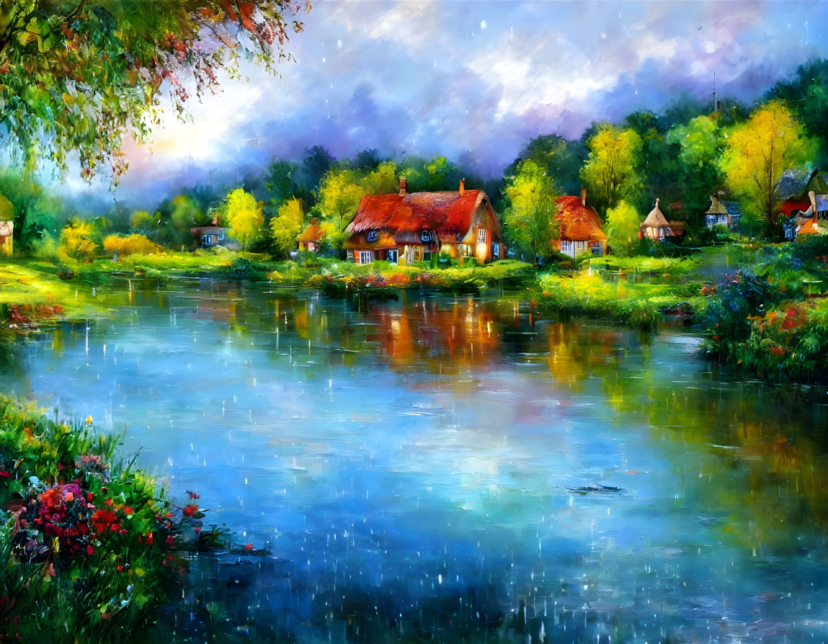 Colorful riverside village painting with cottages reflecting in water under dynamic sky