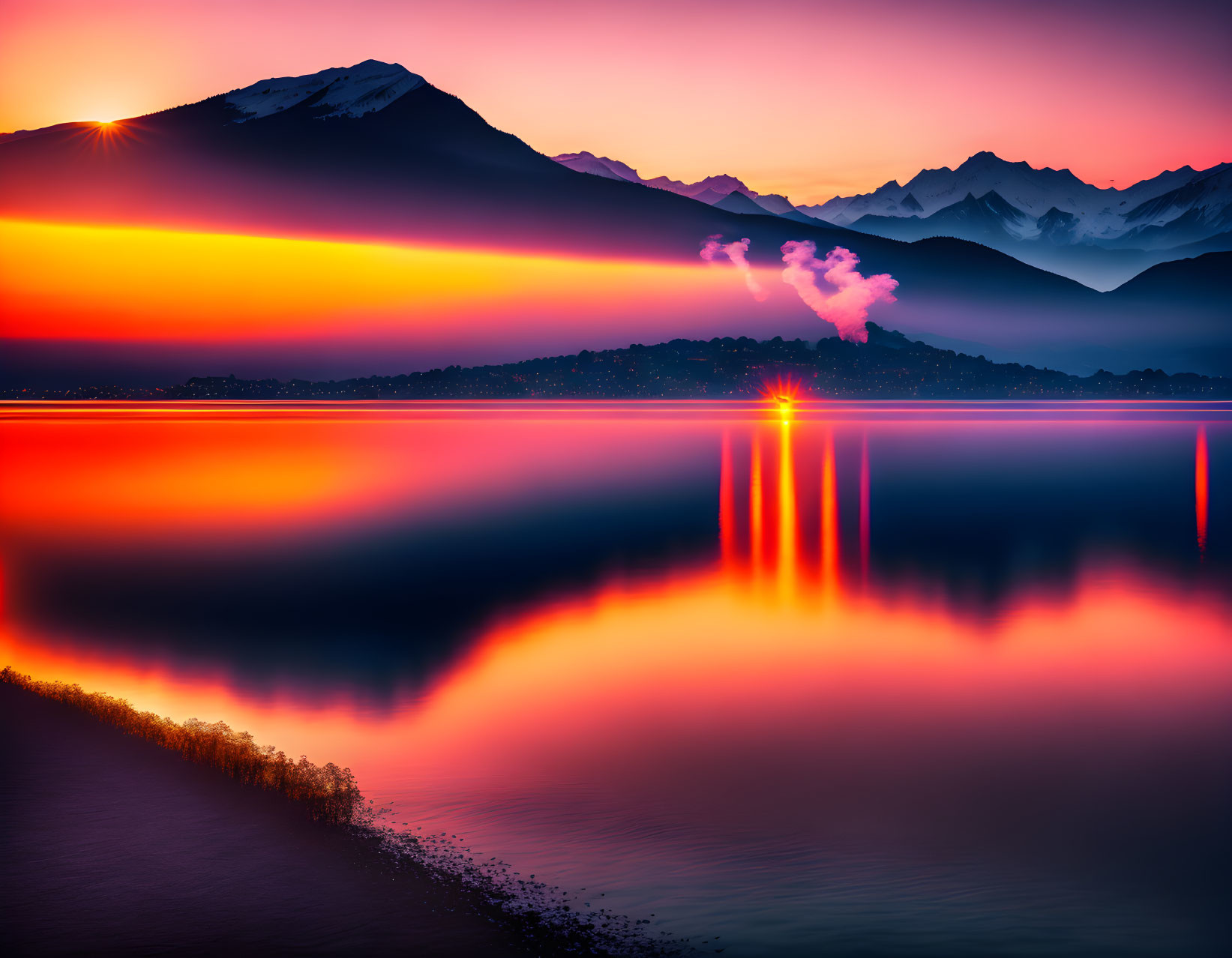 Scenic sunrise over calm lake with mountain silhouettes