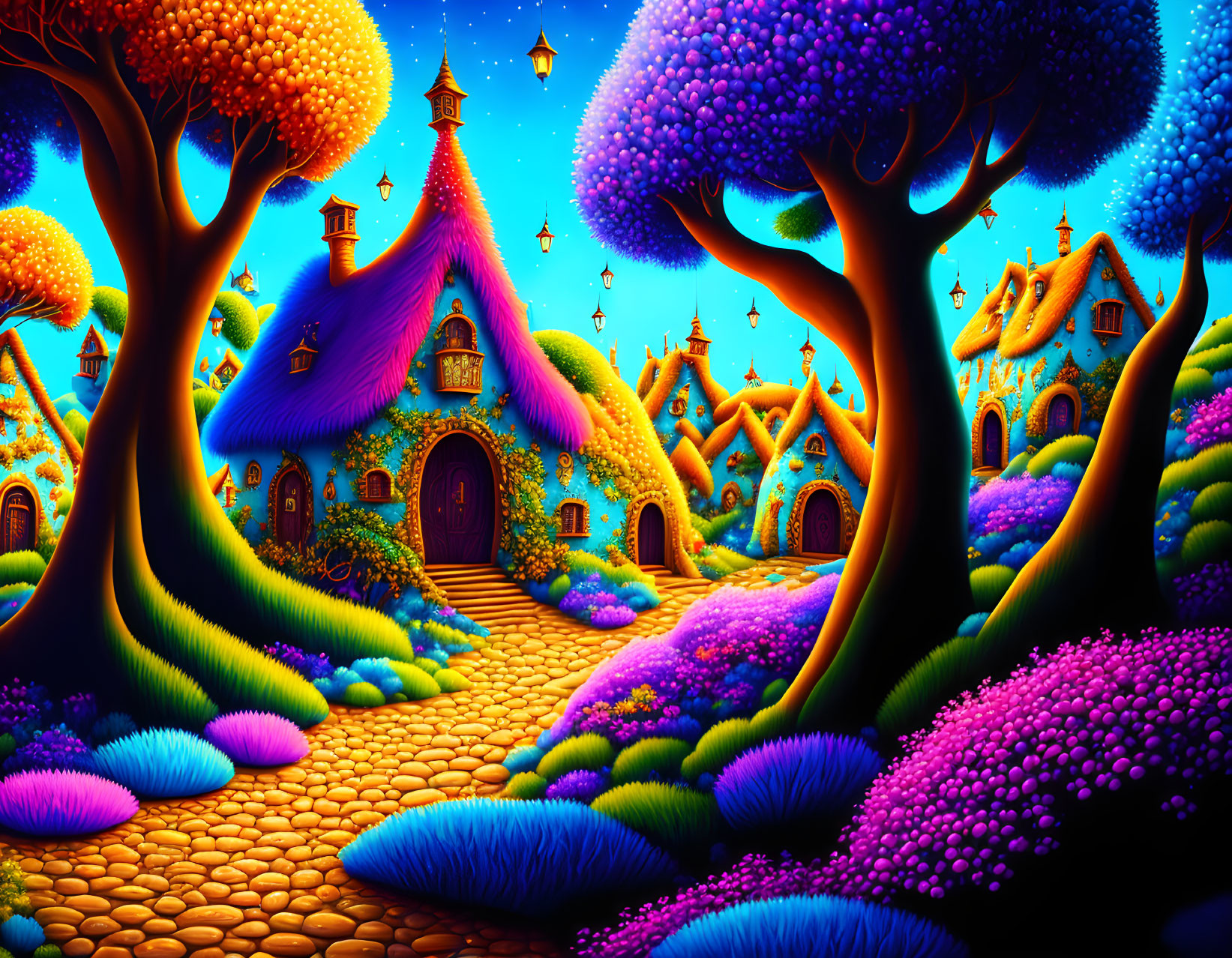 Colorful, whimsical landscape with fantastical trees and glowing cottages under a starry sky