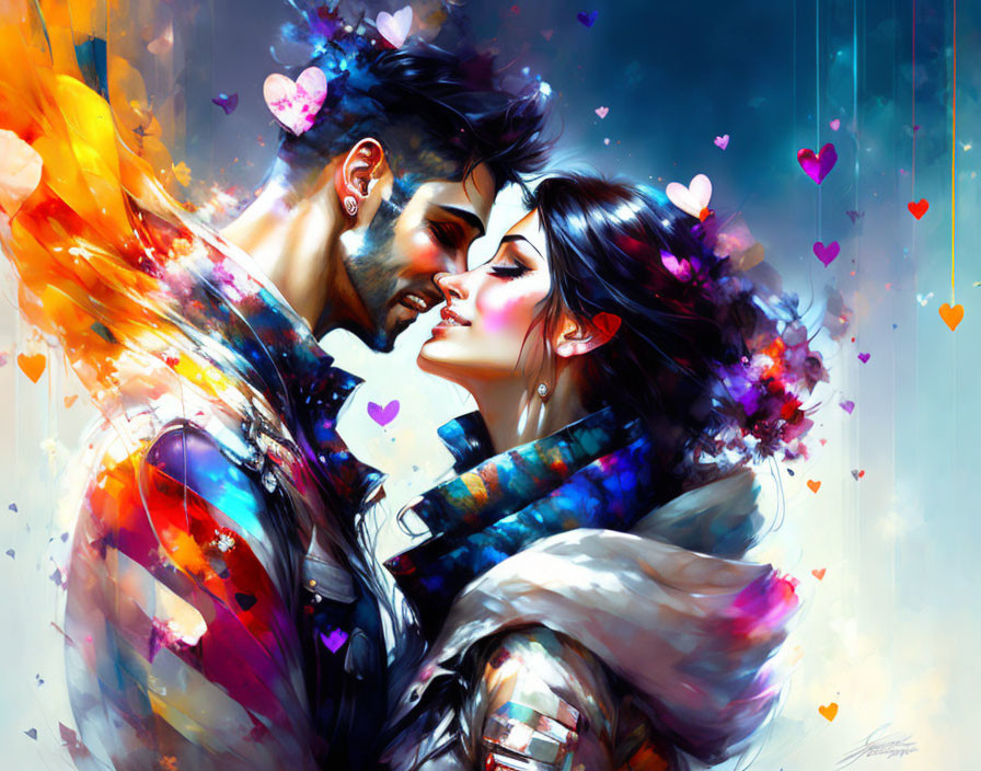 Colorful digital art: Romantic embrace in abstract swirl of colors.