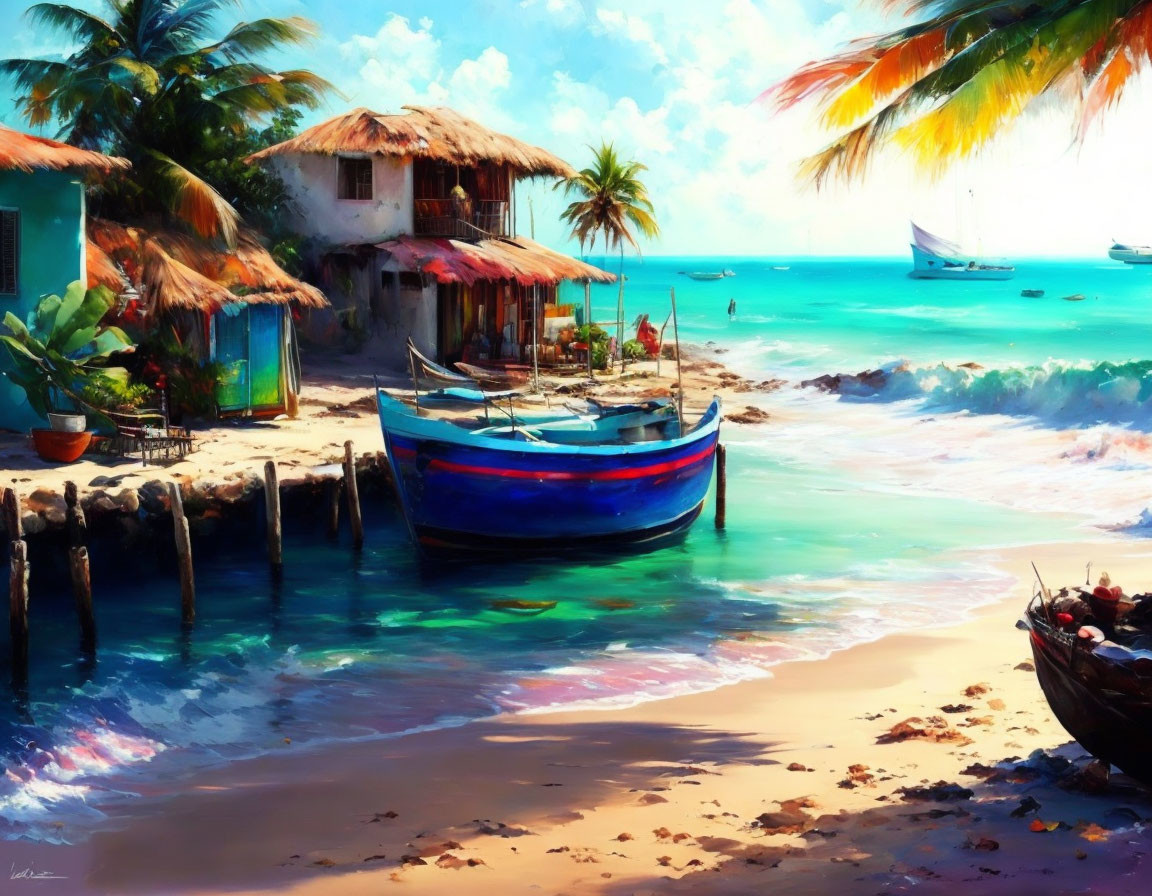 Vivid Tropical Beach Scene with Thatched Huts and Palm Trees