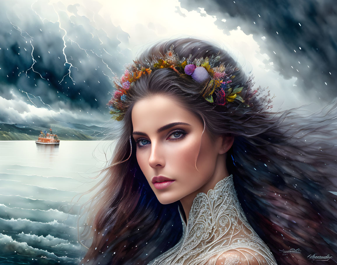 Digital painting of woman with blue eyes and floral crown in stormy seascape