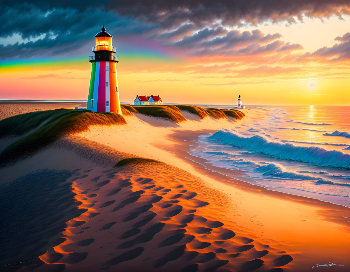 Colorful sunset scene with beach, lighthouses, sand dunes, and ocean waves