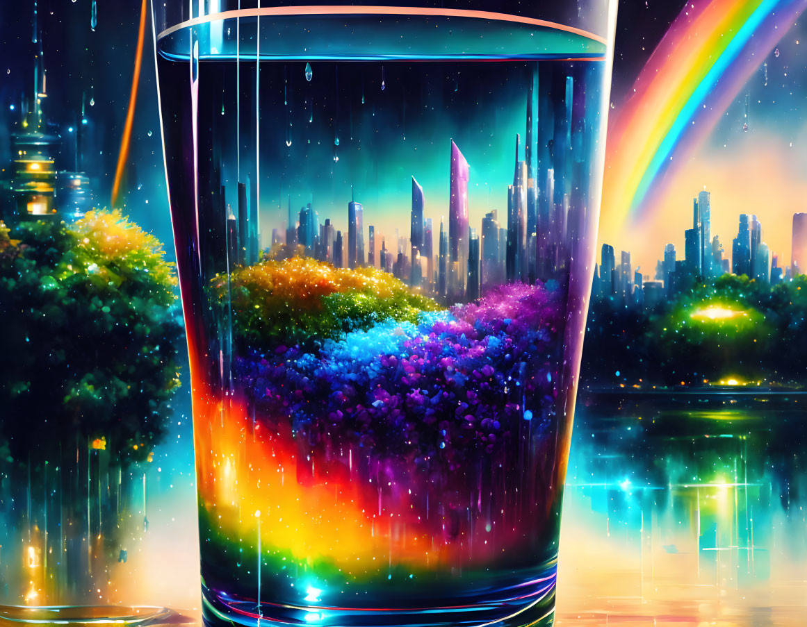 Colorful digital artwork: glass filled with sparkling elements against futuristic cityscape