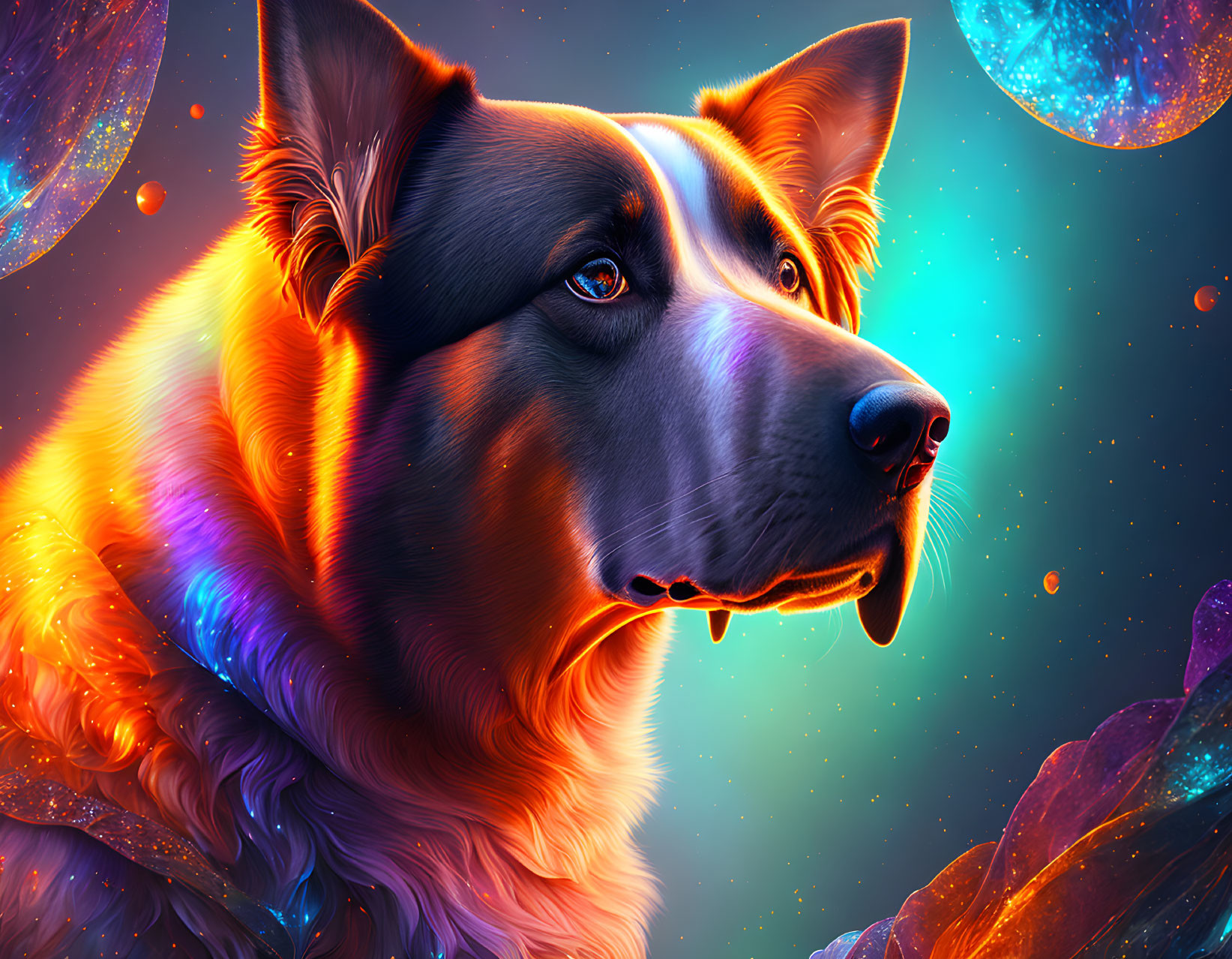 Colorful Digital Art Portrait of Dog in Cosmic Setting