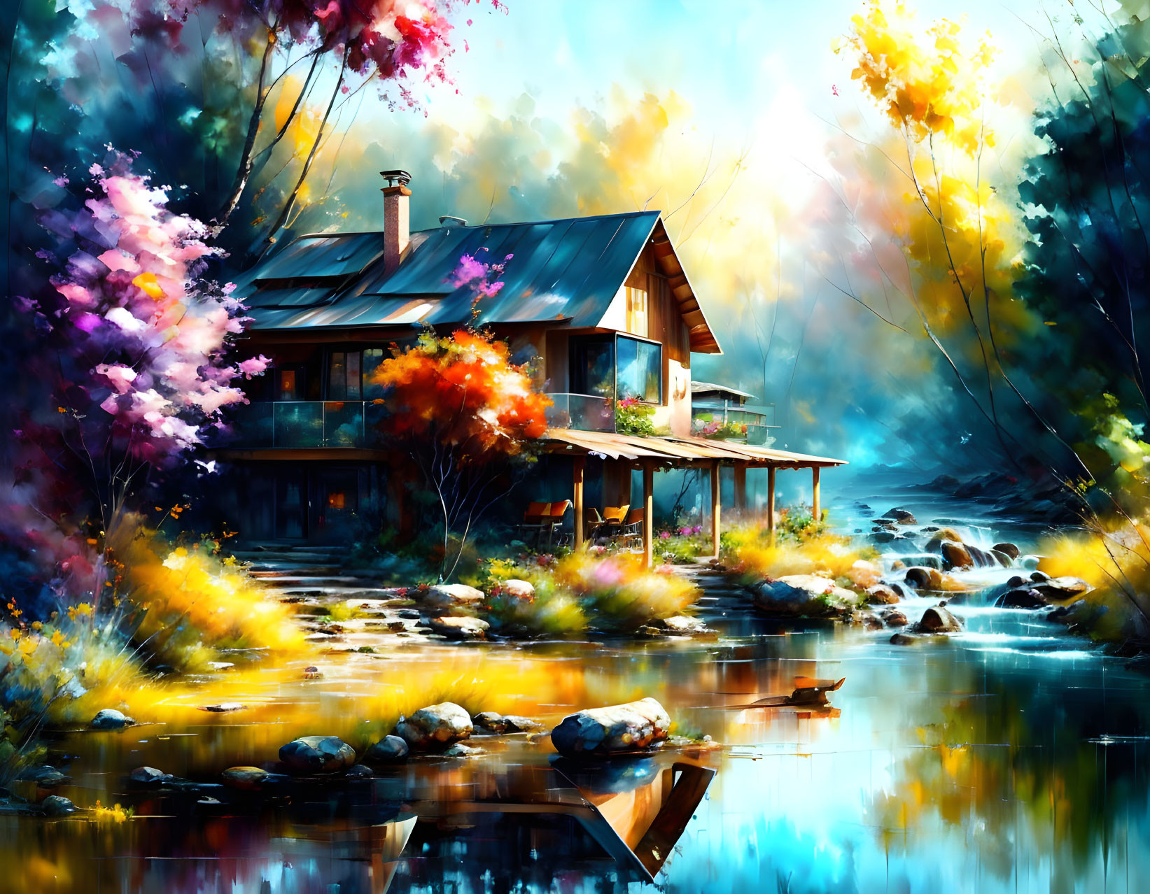 Colorful autumn cabin by reflective stream with vibrant light and shadows