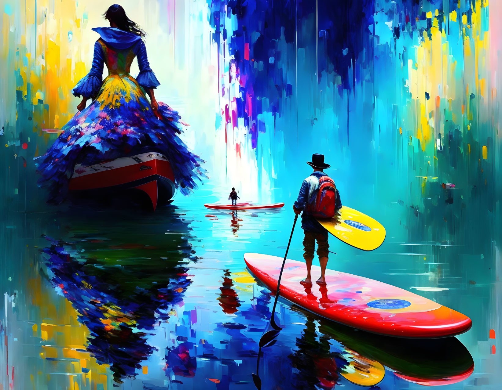 Colorful digital painting: person on paddleboard, woman in dress, abstract backdrop