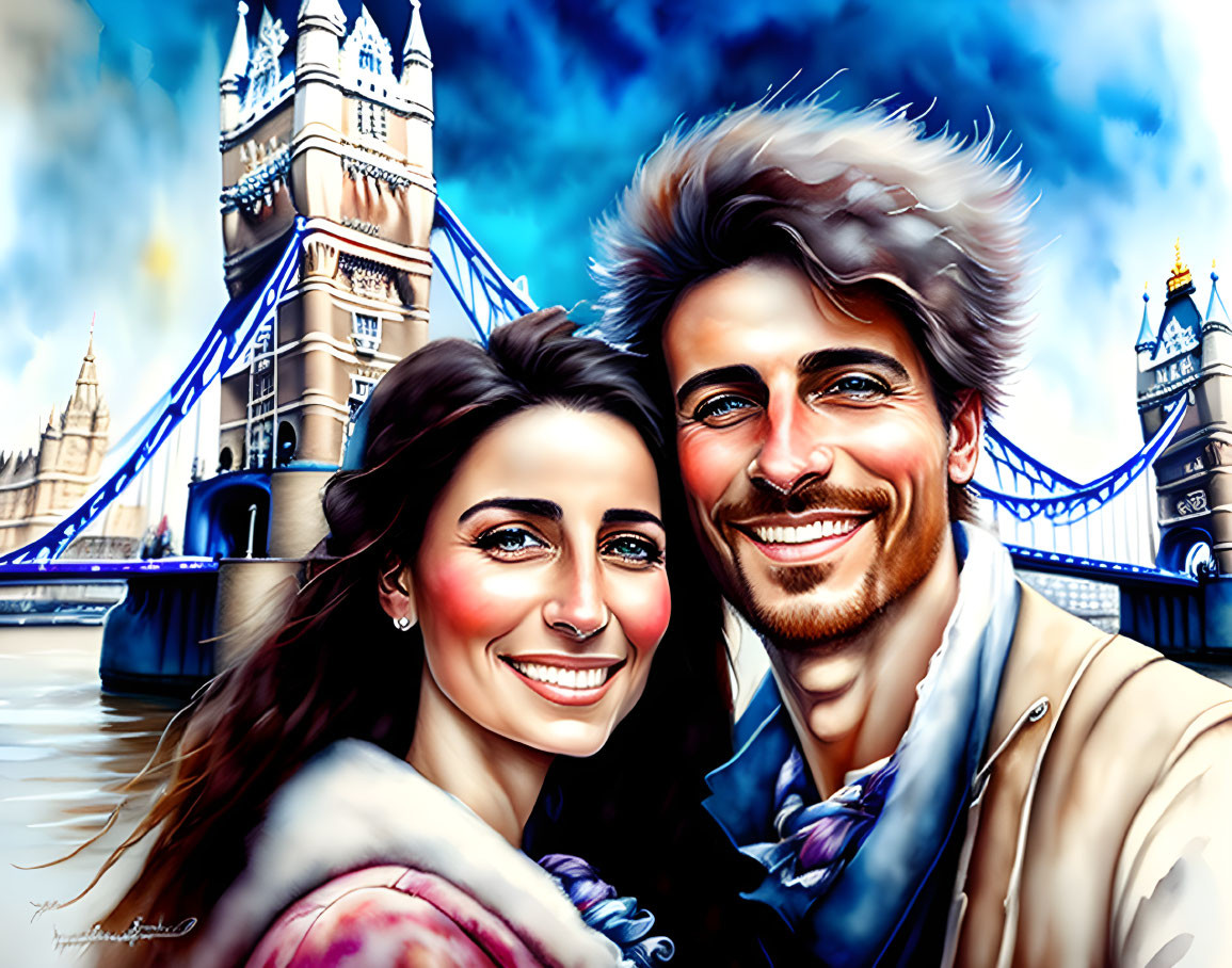 Smiling couple portrait with Tower Bridge in London - vibrant illustrative style