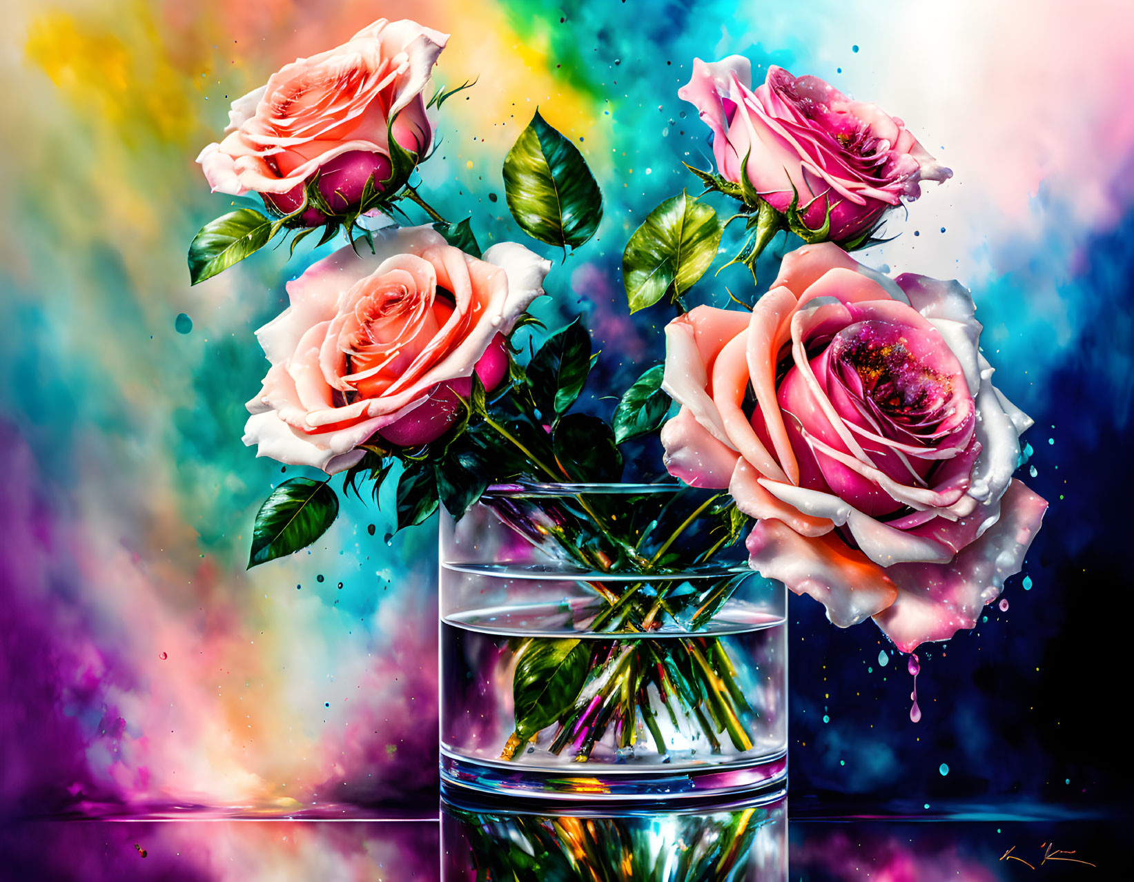 Colorful digital art featuring pink roses in a vase