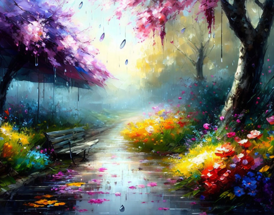 Vibrant flower pathway painting with rain-kissed trees & wooden bench