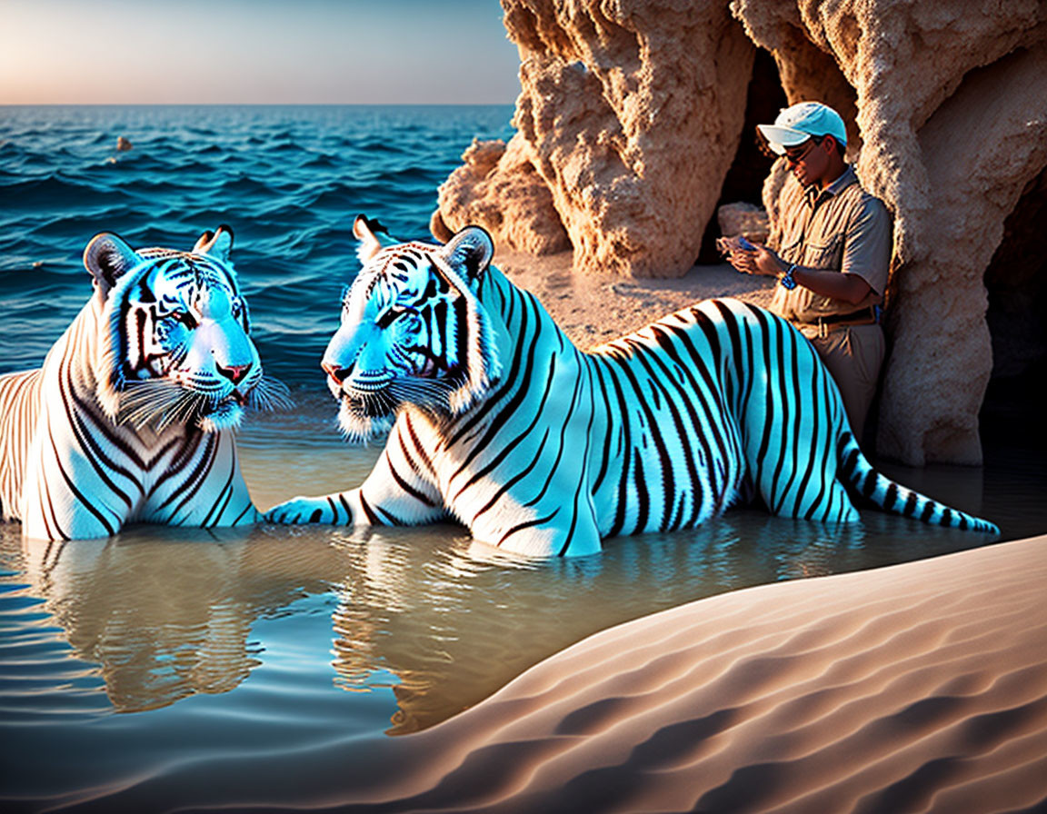 White tigers with blue stripes in ocean water near sandy beach with man observing from rock.