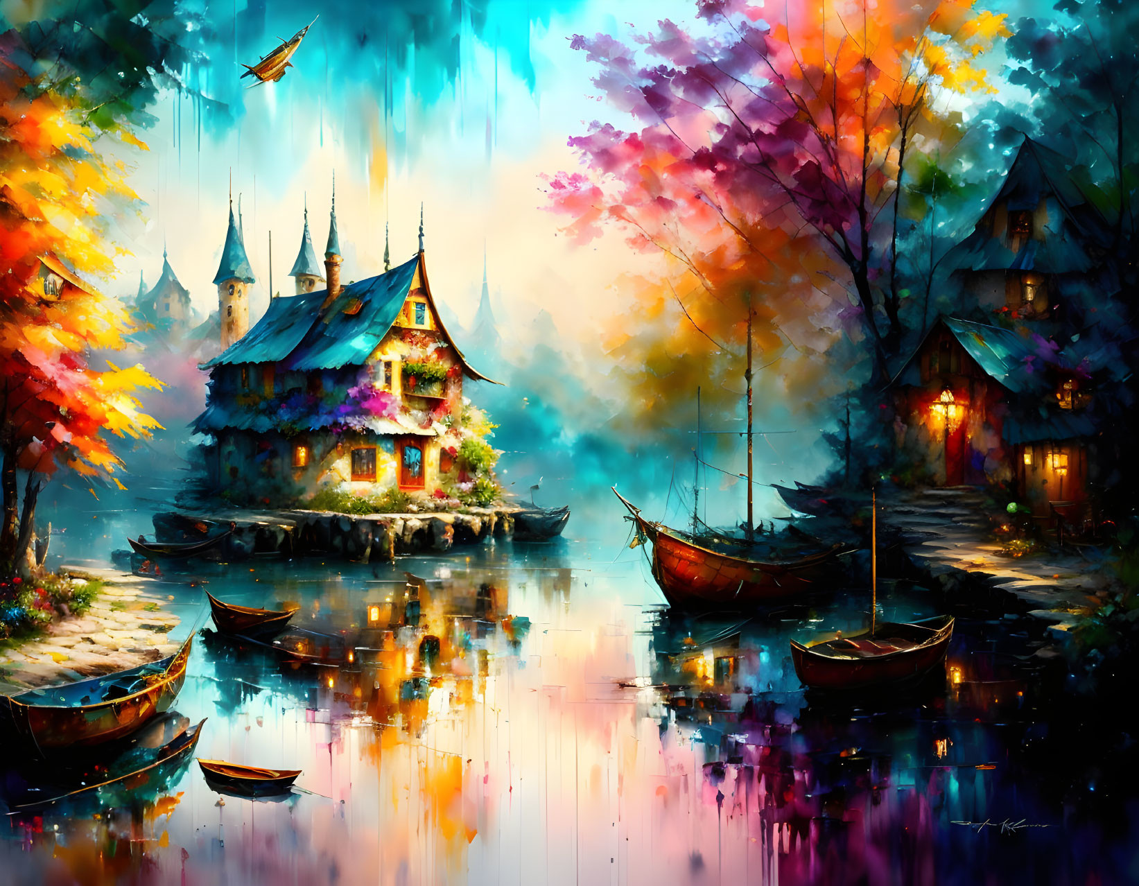 Colorful autumn landscape with lake, houses, boats, and castle under magical sky