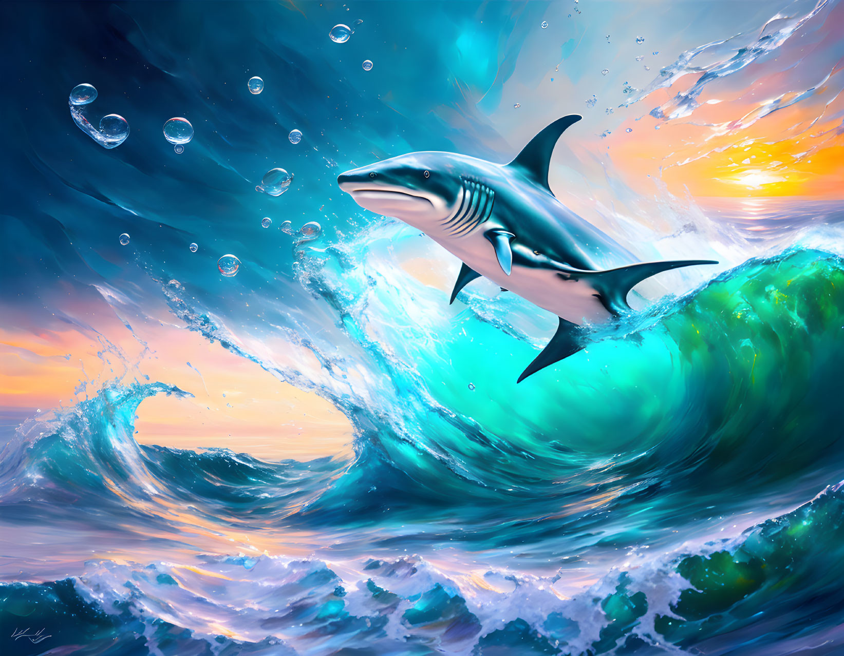 Shark leaping through vibrant sunset waves with bubbles.