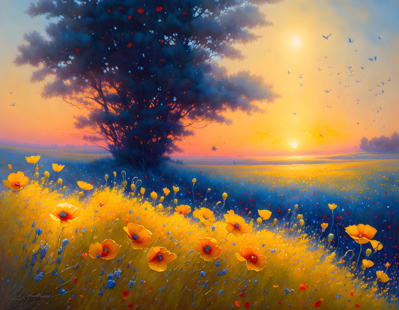 Colorful sunset painting with tree, birds, and flowers