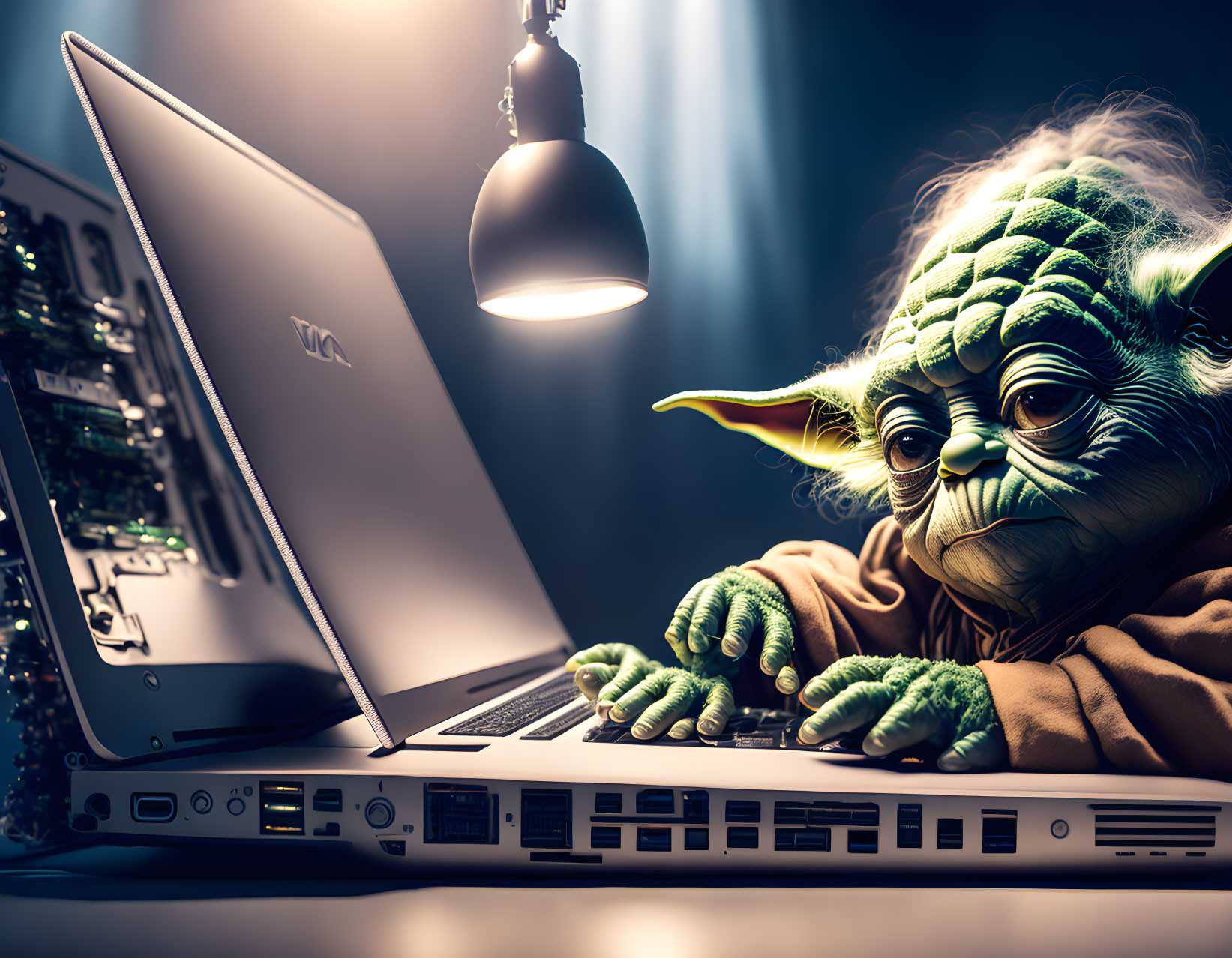 Animated character resembling Yoda using laptop under desk lamp with computer internals visible.