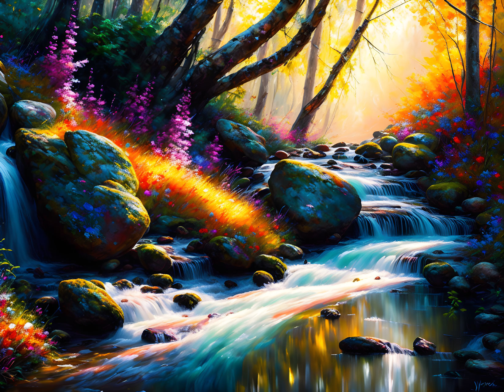 Lively forest stream painting with sunlight, cascading water, and colorful flora