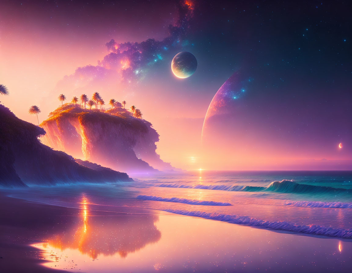 Vibrant sunset over fantasy beach with cliffs, palm trees, and celestial bodies