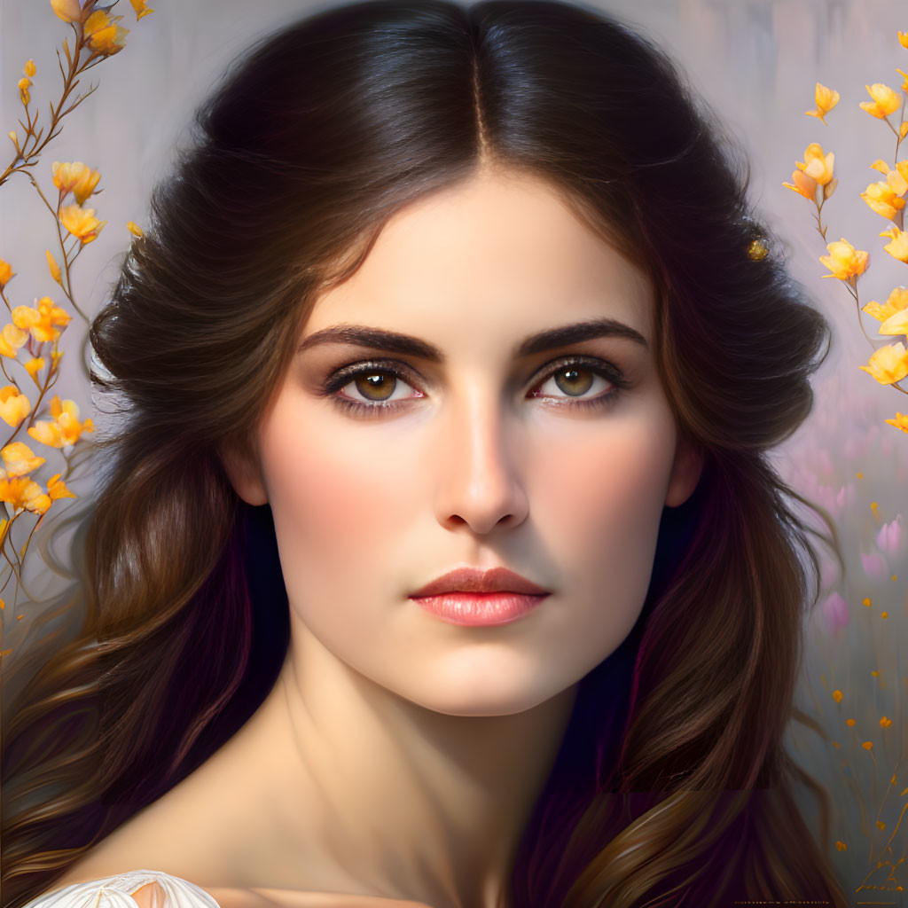 Brown-haired woman with striking eyes and subtle smile in digital artwork.