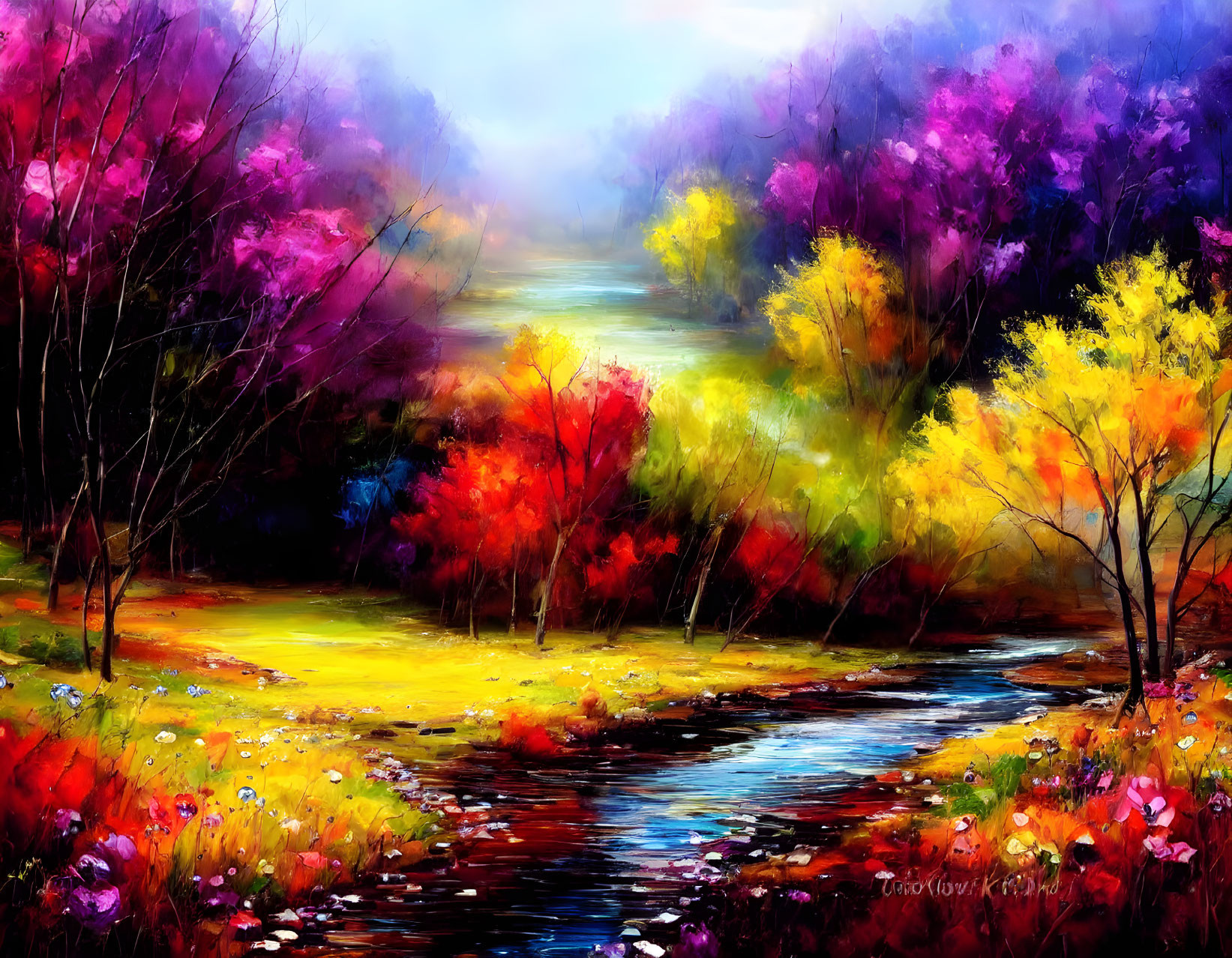 Colorful Forest Painting with Stream and Autumn Trees