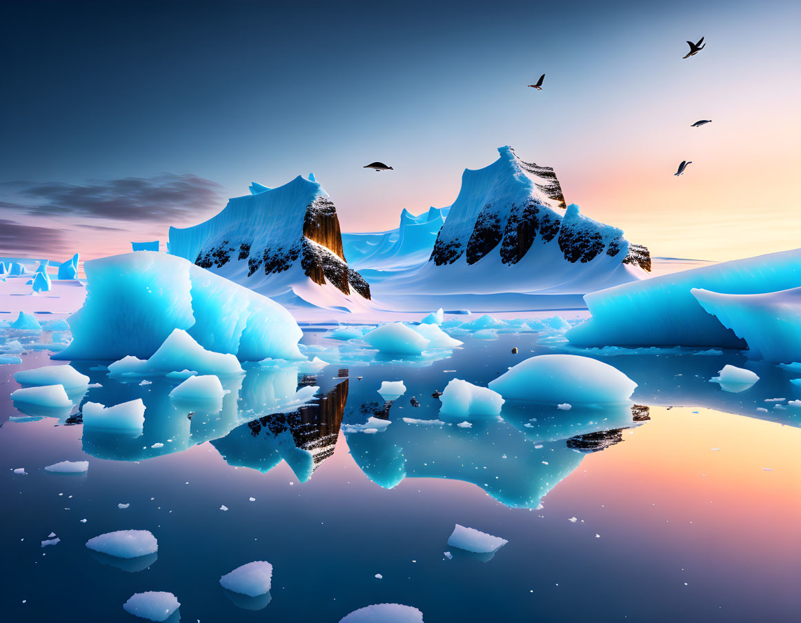 Blue icebergs reflecting in calm water at sunset with flying birds