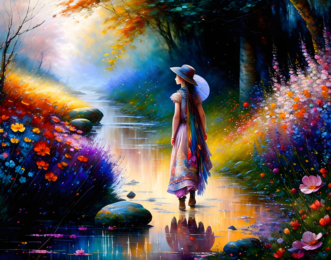 Woman in colorful dress and hat by tranquil river in vibrant forest scene