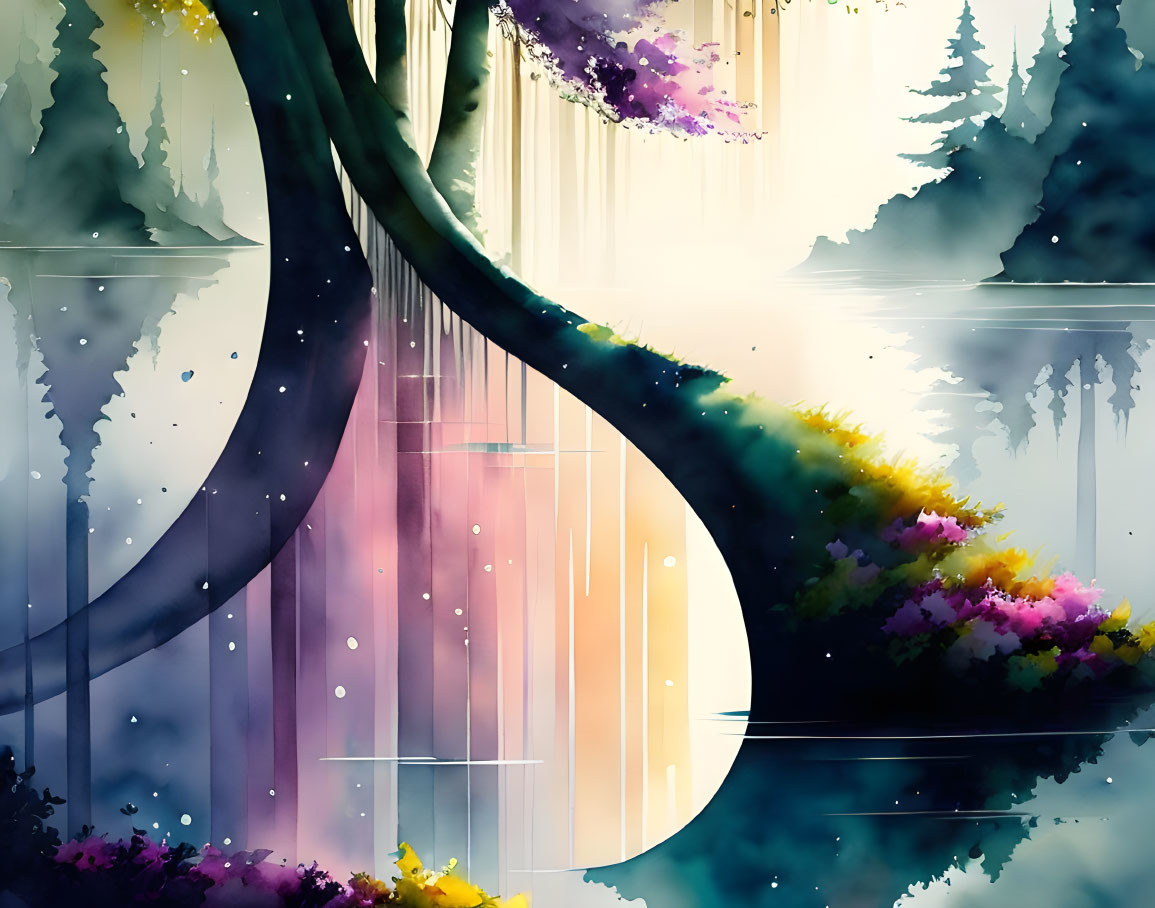 Colorful dreamlike forest with glowing gateway & vibrant trees