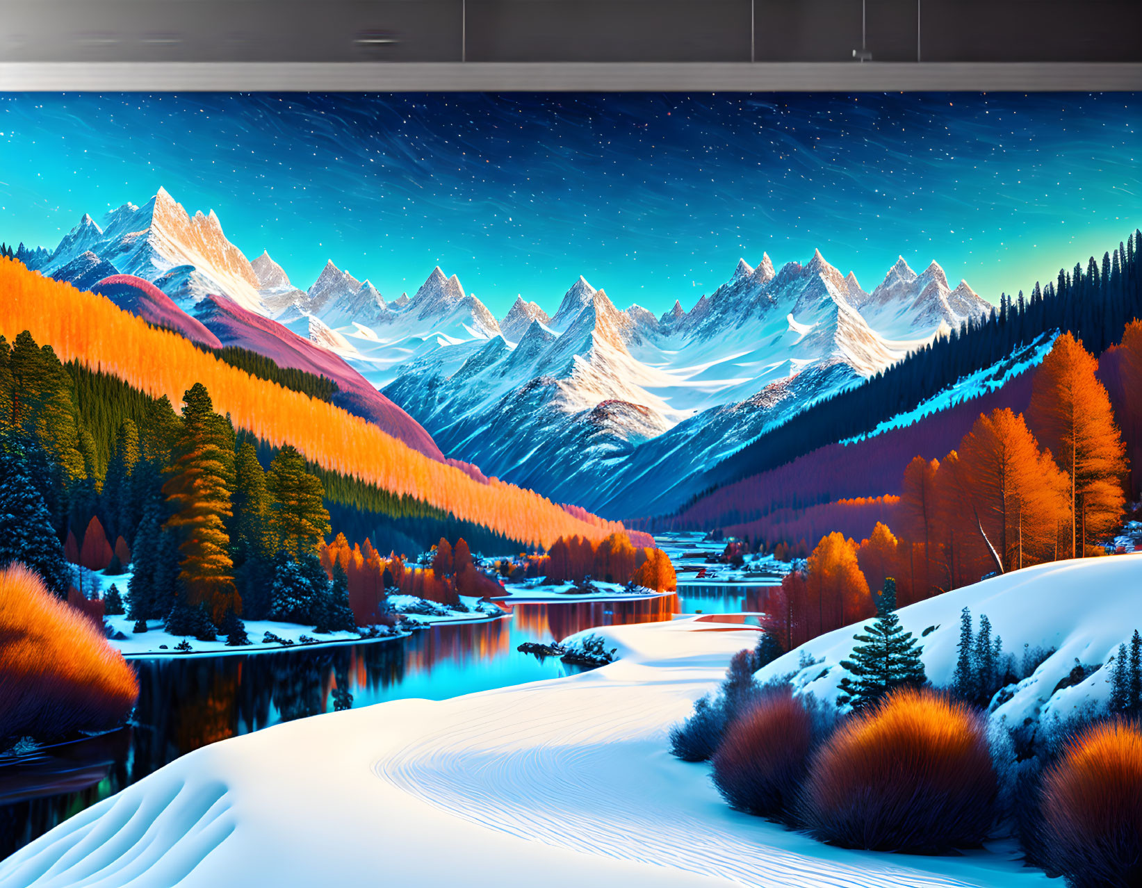 Digital Art: Snowy Landscape with River, Autumn Trees, and Mountains