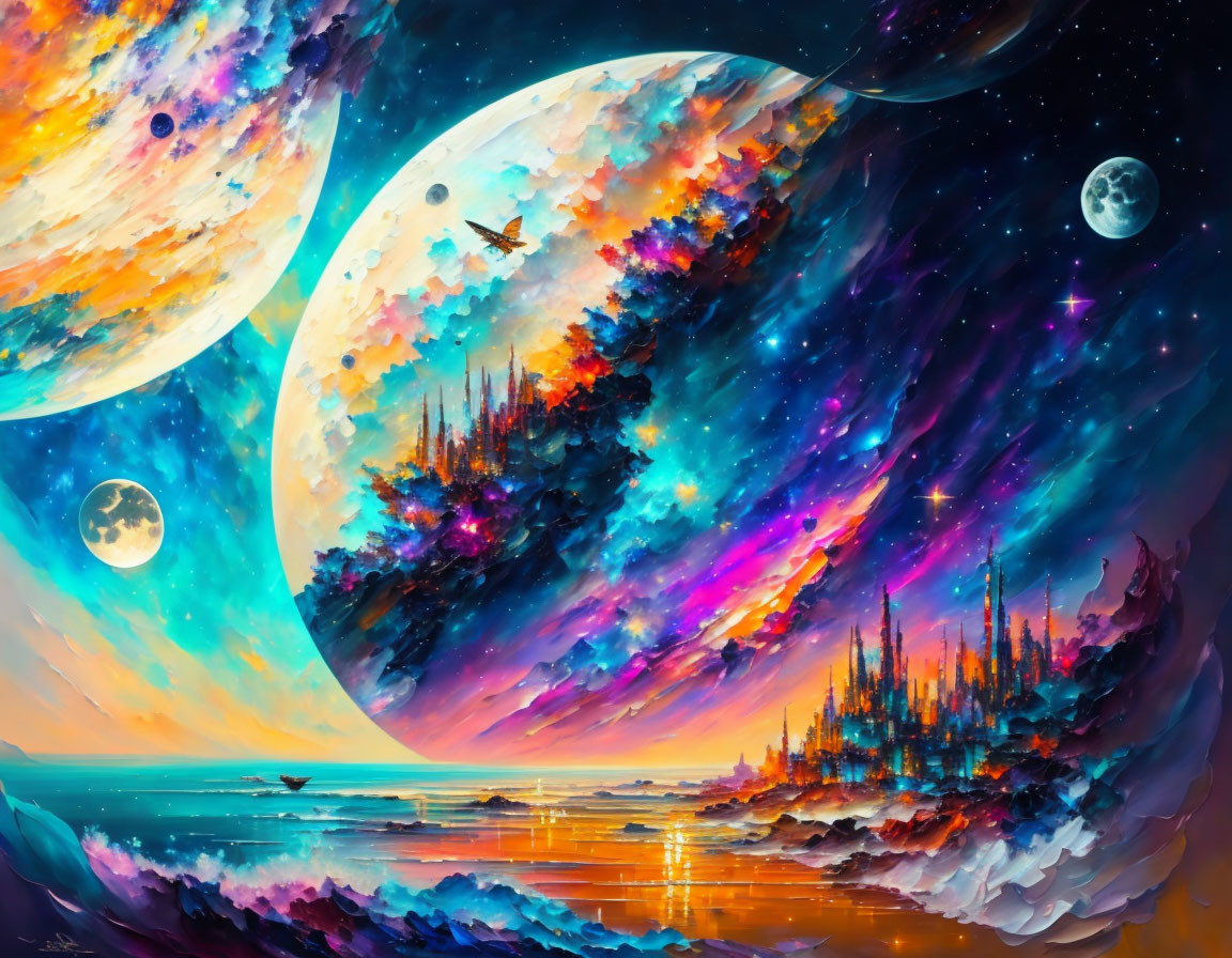 Fantasy space scene with celestial bodies and ocean reflection