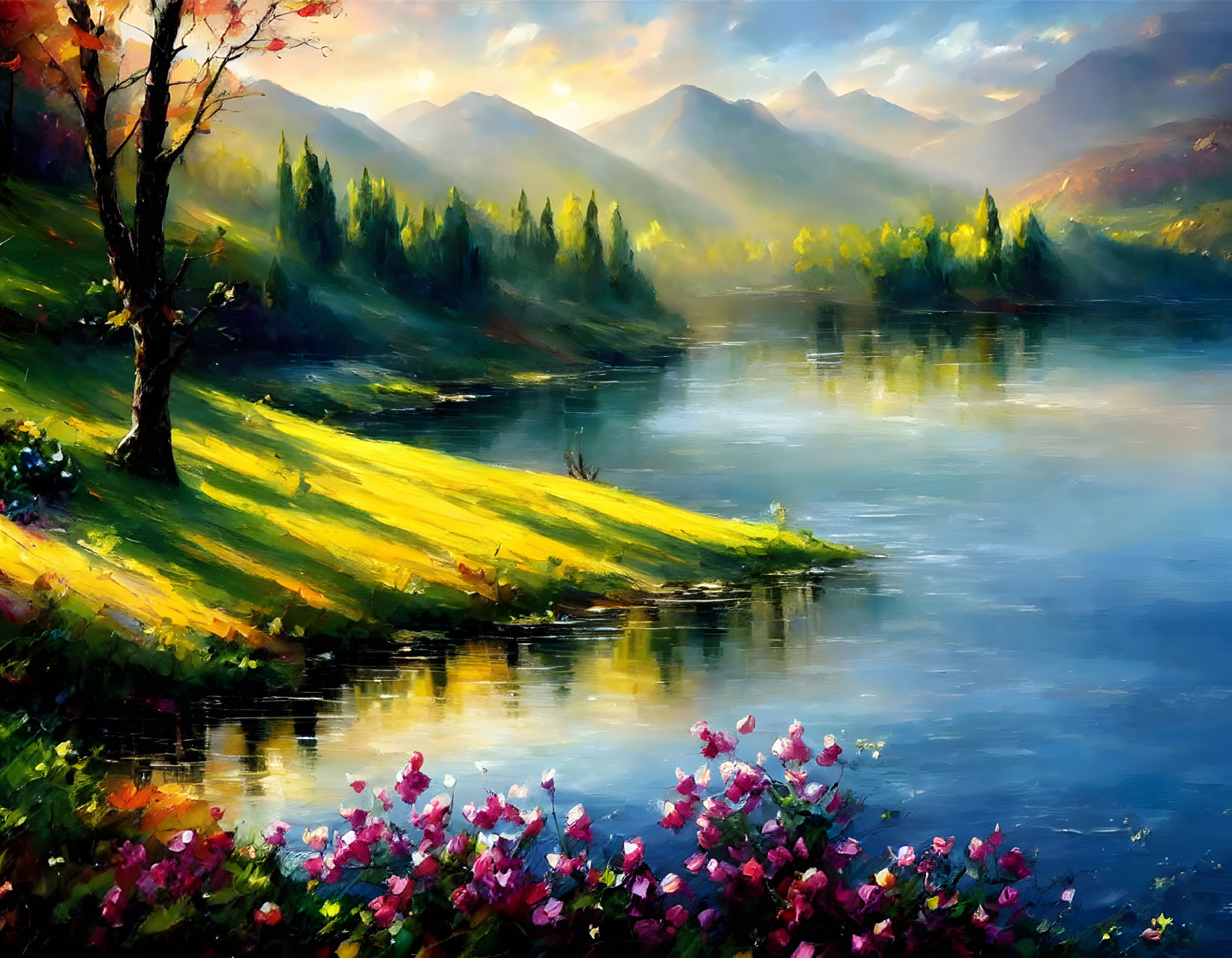 Scenic painting of serene lake, colorful flora, mountains, warm sky