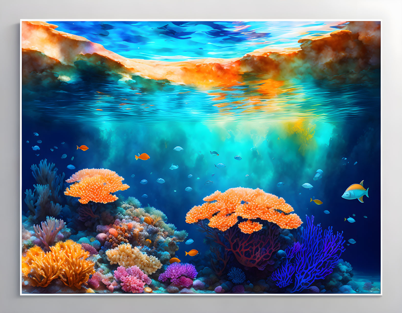 Colorful coral and fish in vibrant underwater scene with sunlight piercing through water.