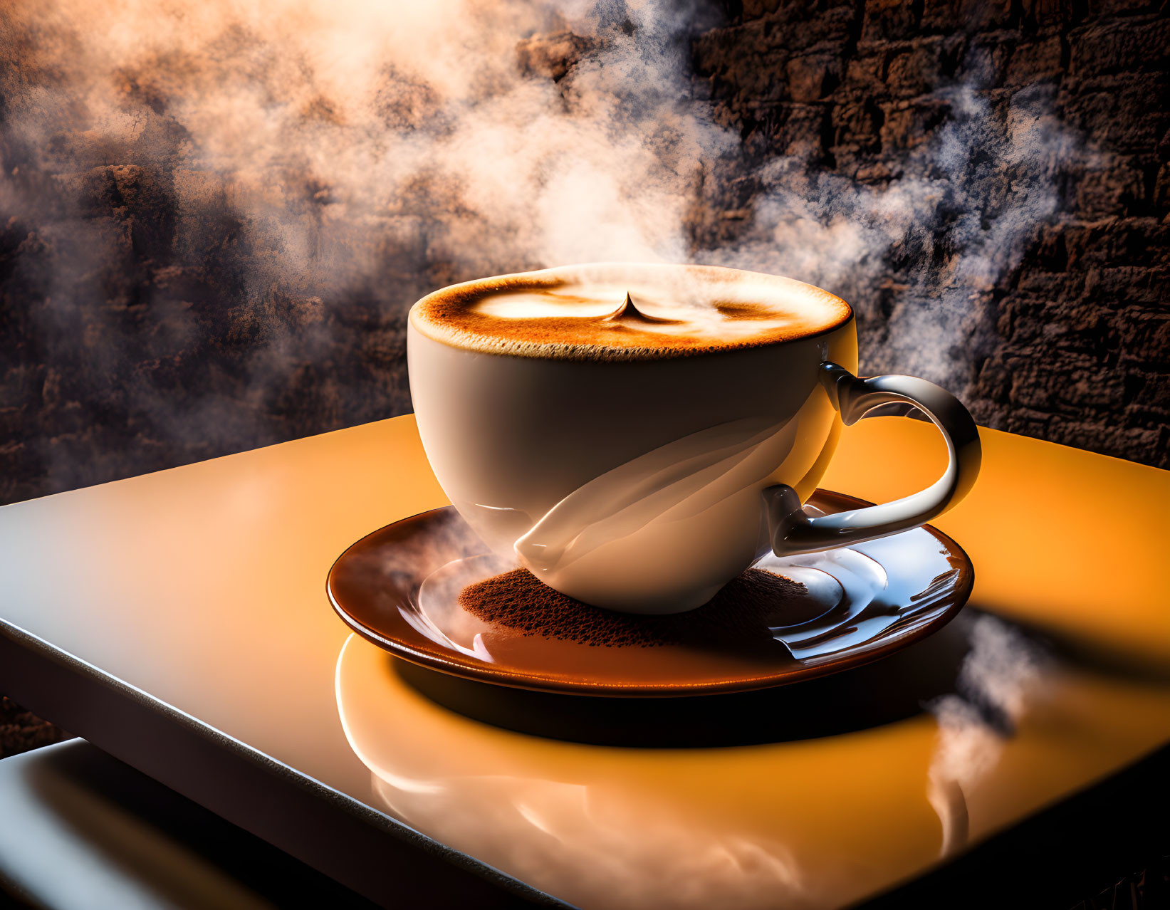 Steaming cappuccino with latte art on saucer on yellow surface