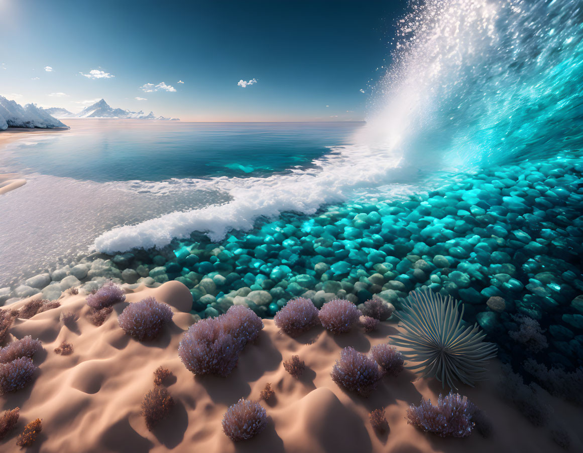 Surreal beachscape with vibrant blue wave and pink coral on pebbled shore